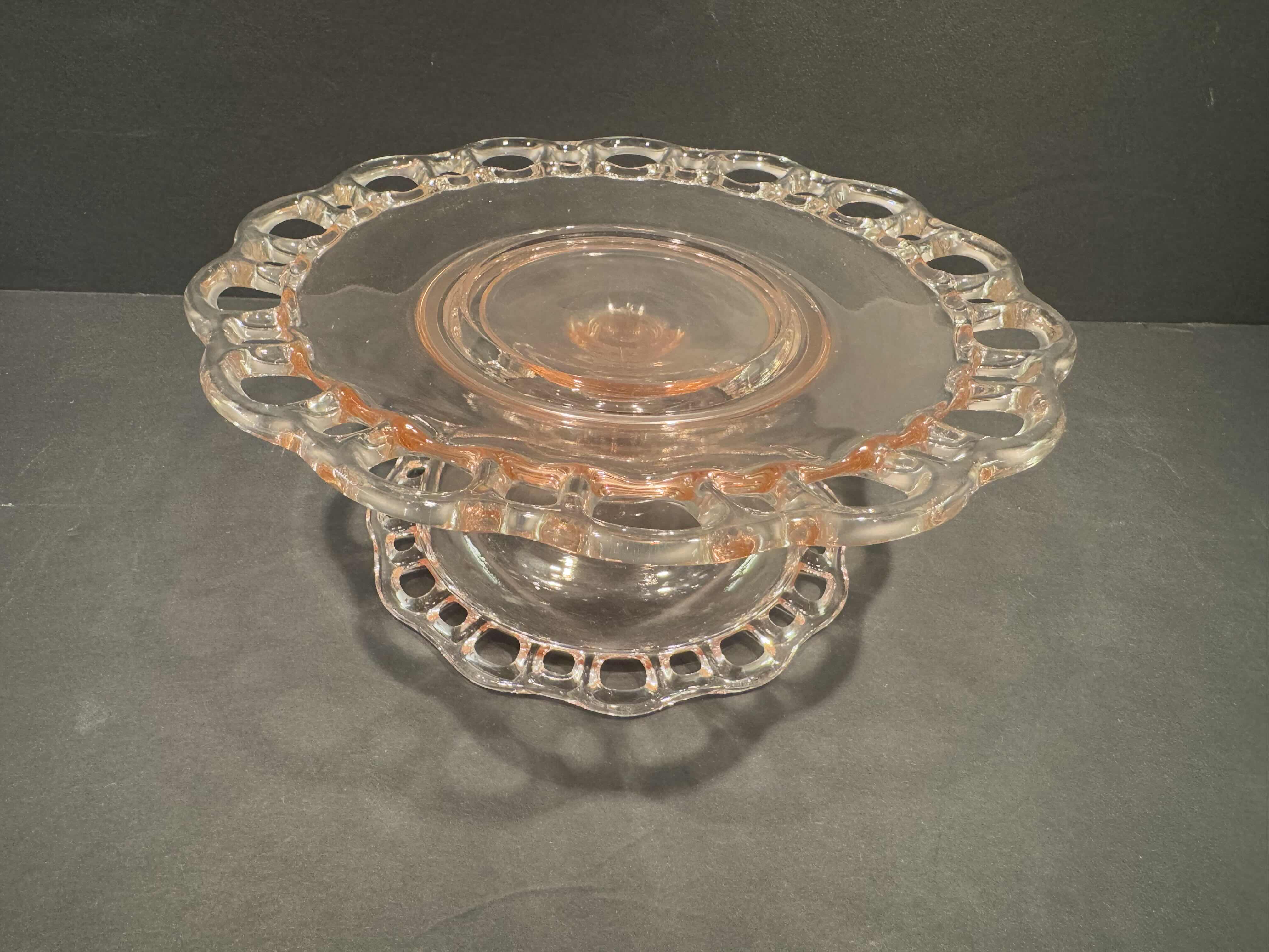 Photo 2 of 2 SERVICE PIECES 1) VINTAGE ANCHOR HOCKING PINK DEPRESSION GLASS  9” DESERT STAND 1) CAMBRIDGE ROSE POINT 2 PART DIVIDED HANDLED DISH  8" 