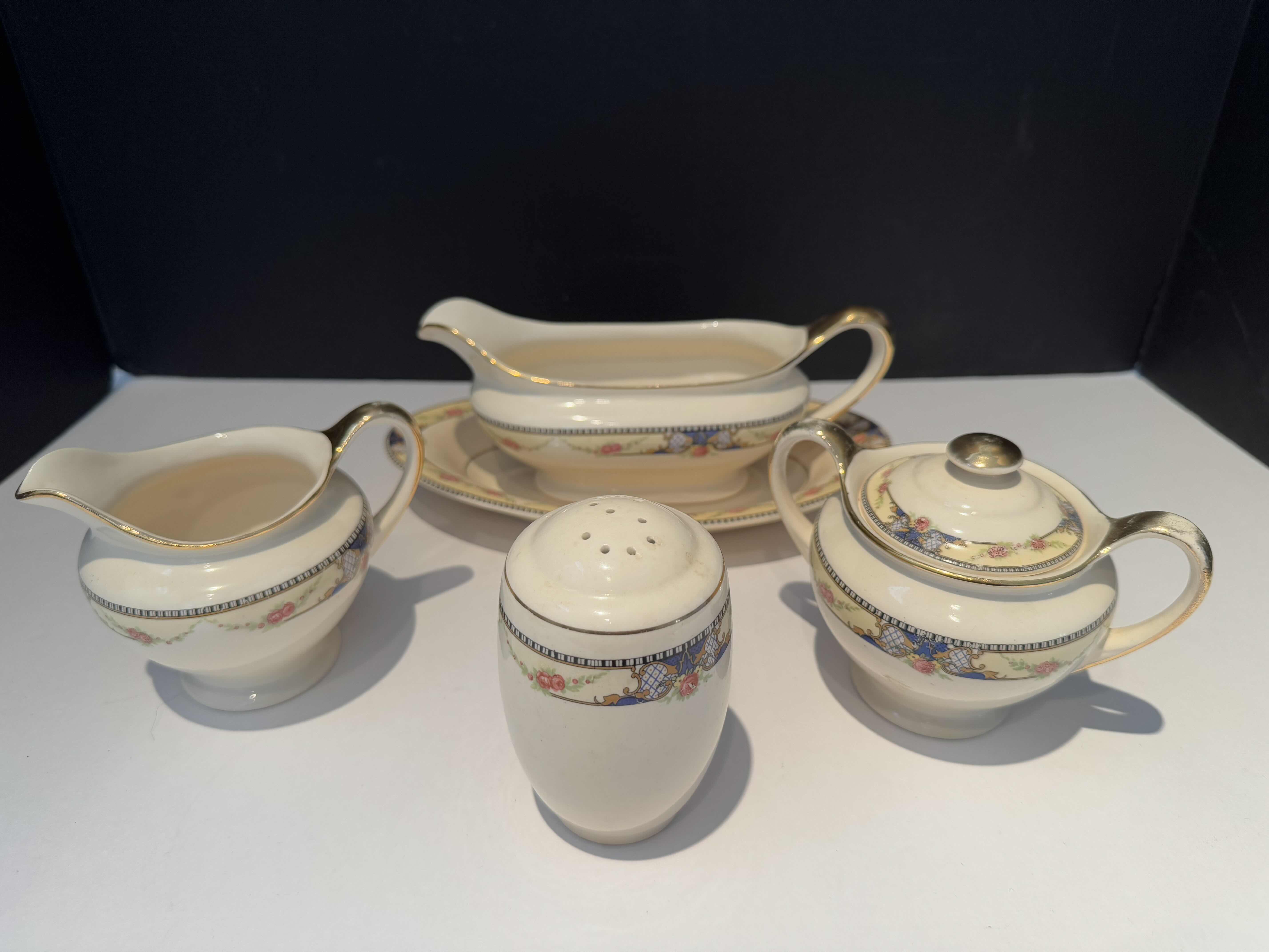 Photo 1 of 5- UNIVERSAL CAMBRIDGE SERVICE PIECES. GRAVY BOAT, SUGAR BOWL, CREAMER AND 1 SHAKER