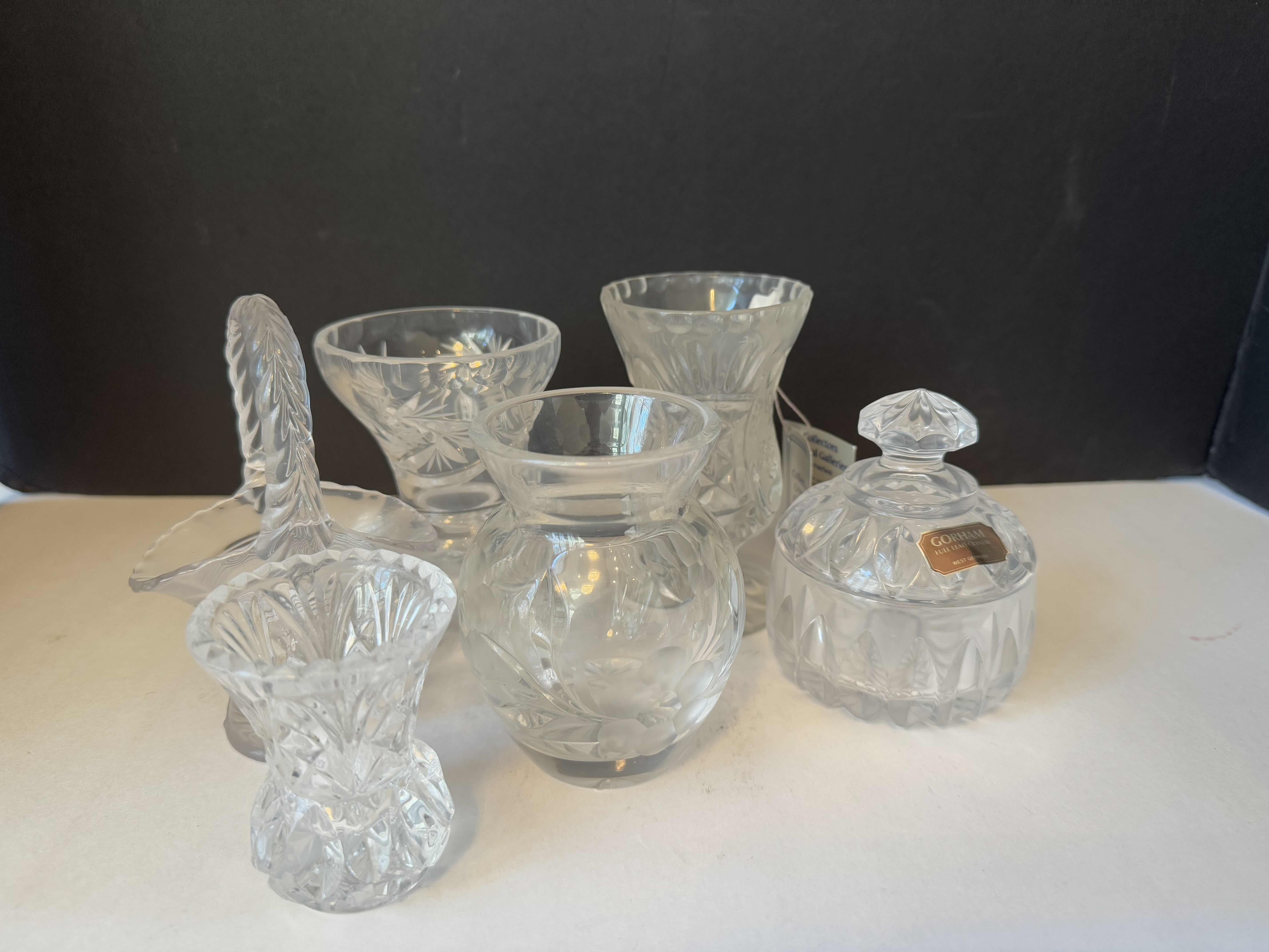 Photo 1 of 6-HOME DECOR ITEMS-VINTAGE EUROPEAN LEAD CRYSTAL PIECES. GLASSES, CANDY DISH WITH LID AND VASES.