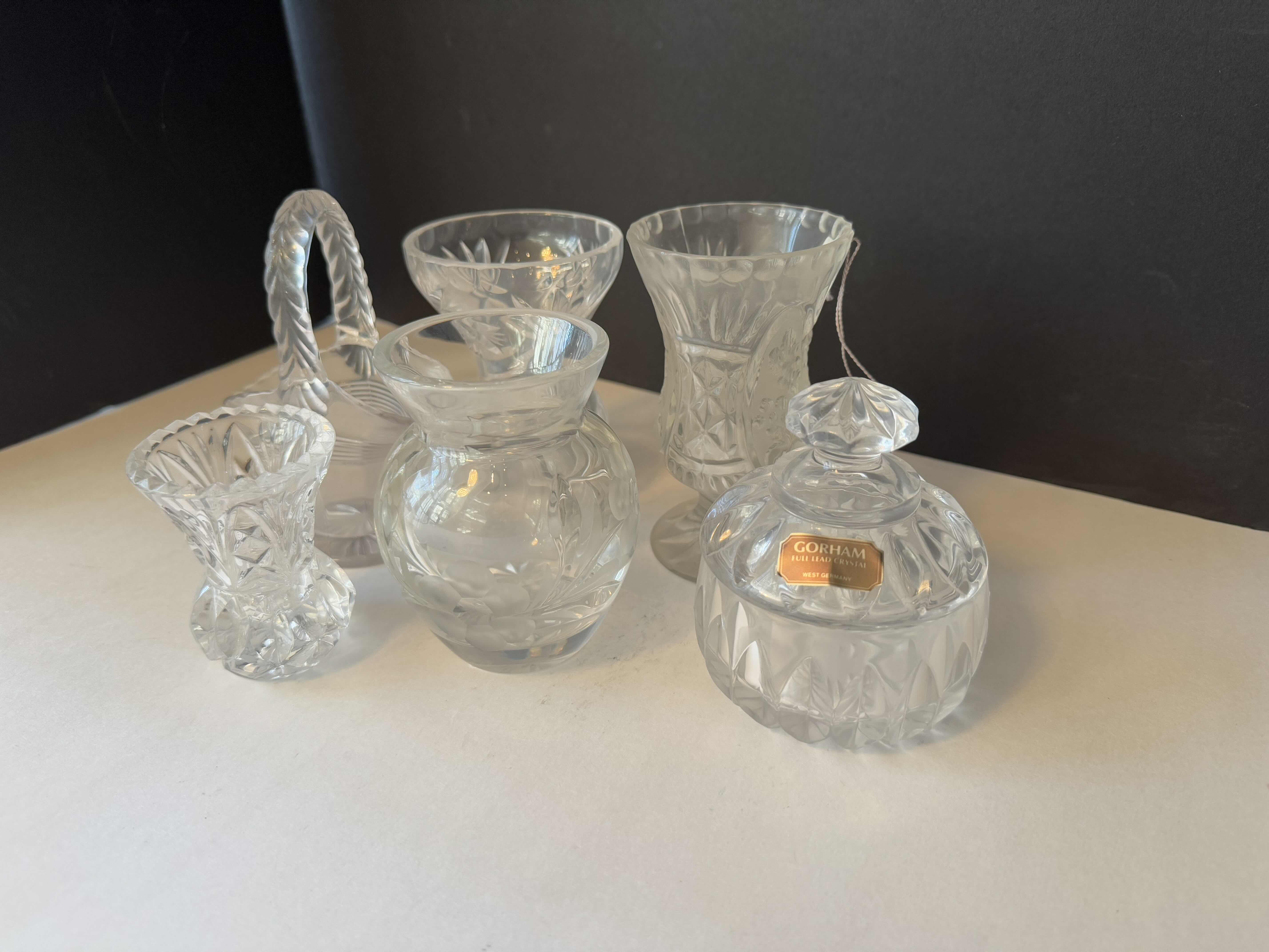 Photo 2 of 6-HOME DECOR ITEMS-VINTAGE EUROPEAN LEAD CRYSTAL PIECES. GLASSES, CANDY DISH WITH LID AND VASES.