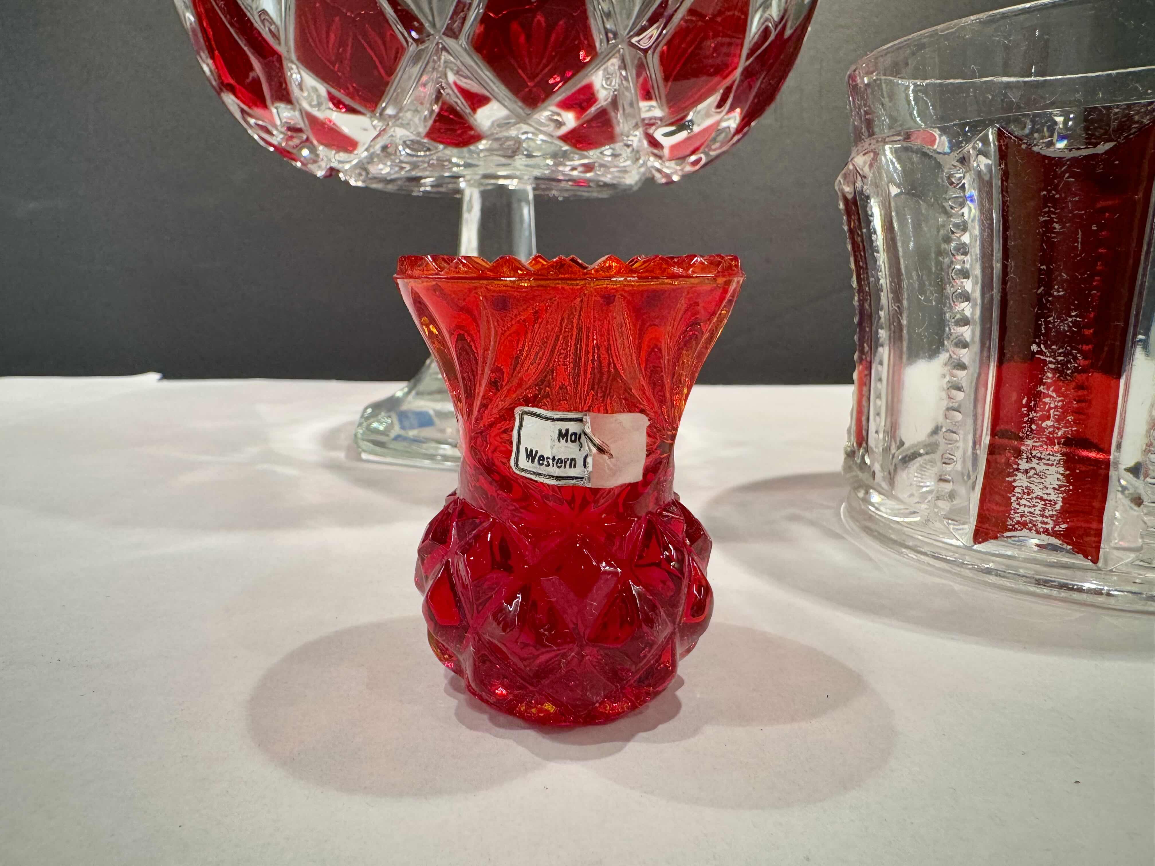 Photo 4 of 3 CRYSTAL & GLASS PIECES CELEBRATIONS BY MIKASA RUBY RED 8” FOOTED COMPOTE BOWL, VINTAGE AMBERLINA TOOTHPICK HOLDER