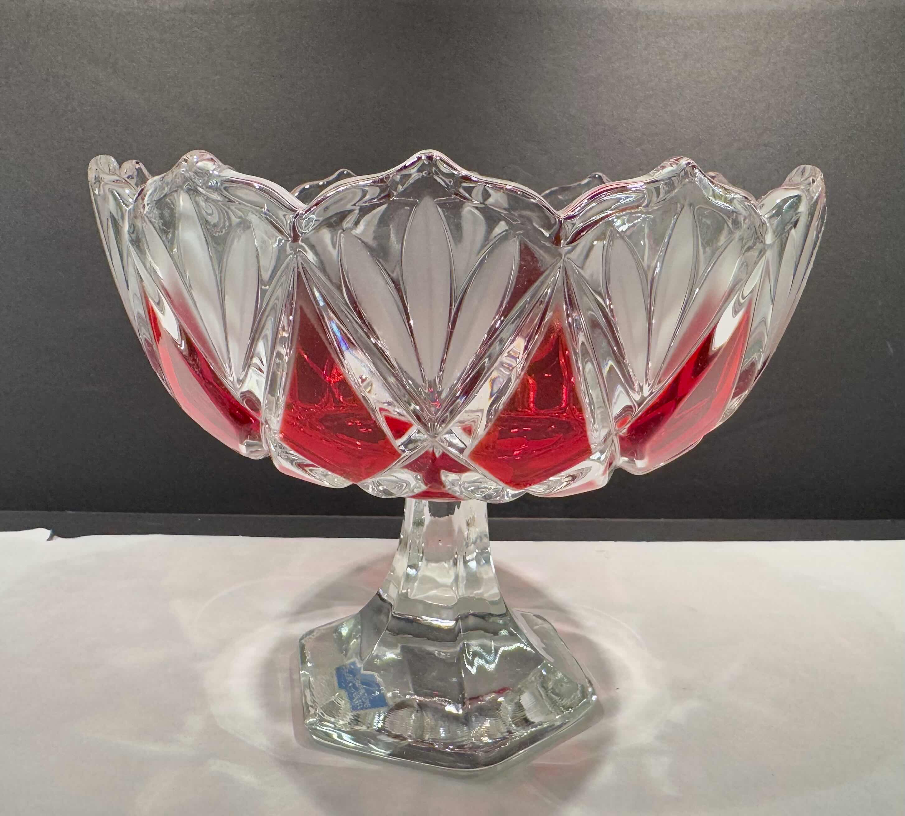 Photo 2 of 3 CRYSTAL & GLASS PIECES CELEBRATIONS BY MIKASA RUBY RED 8” FOOTED COMPOTE BOWL, VINTAGE AMBERLINA TOOTHPICK HOLDER