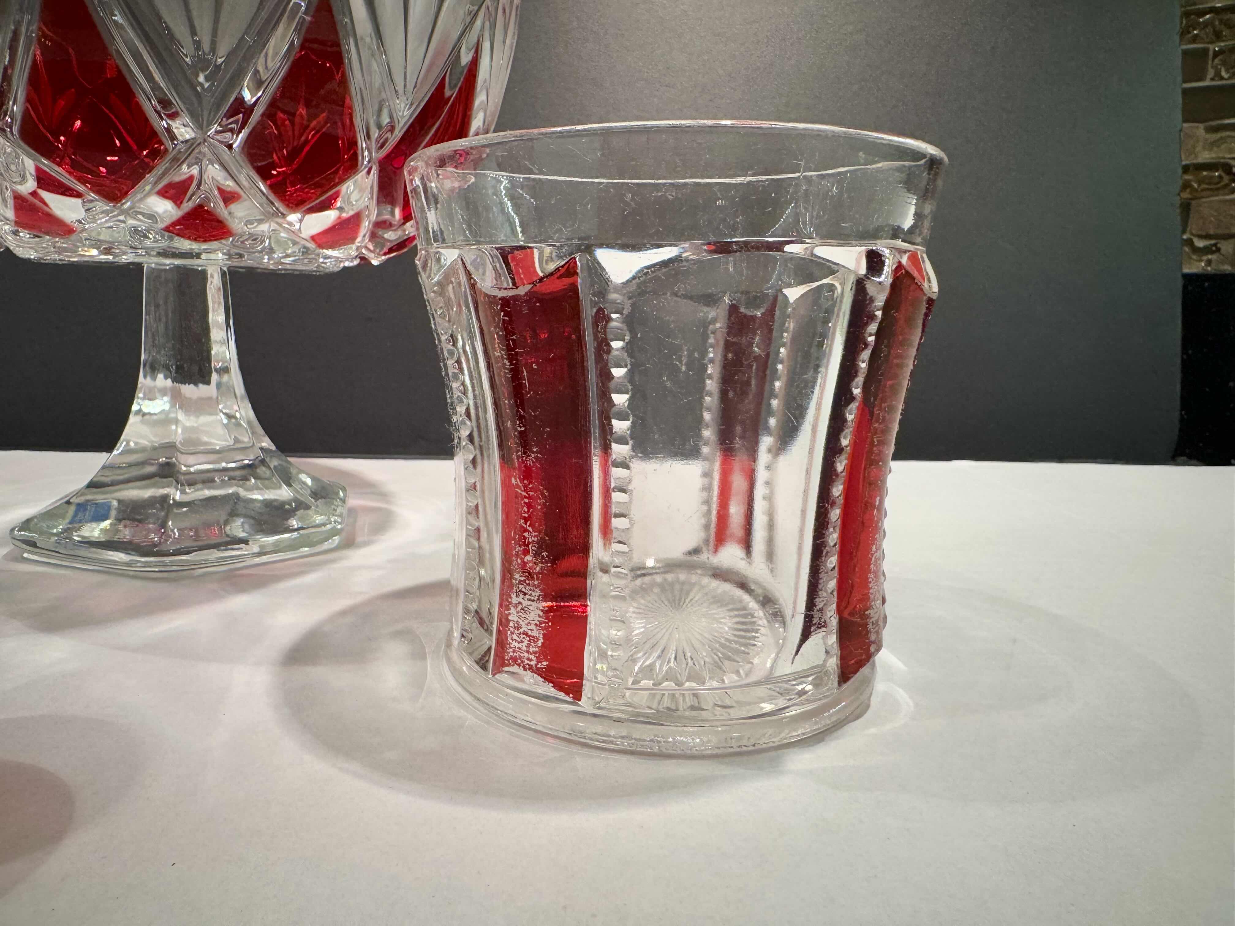 Photo 5 of 3 CRYSTAL & GLASS PIECES CELEBRATIONS BY MIKASA RUBY RED 8” FOOTED COMPOTE BOWL, VINTAGE AMBERLINA TOOTHPICK HOLDER