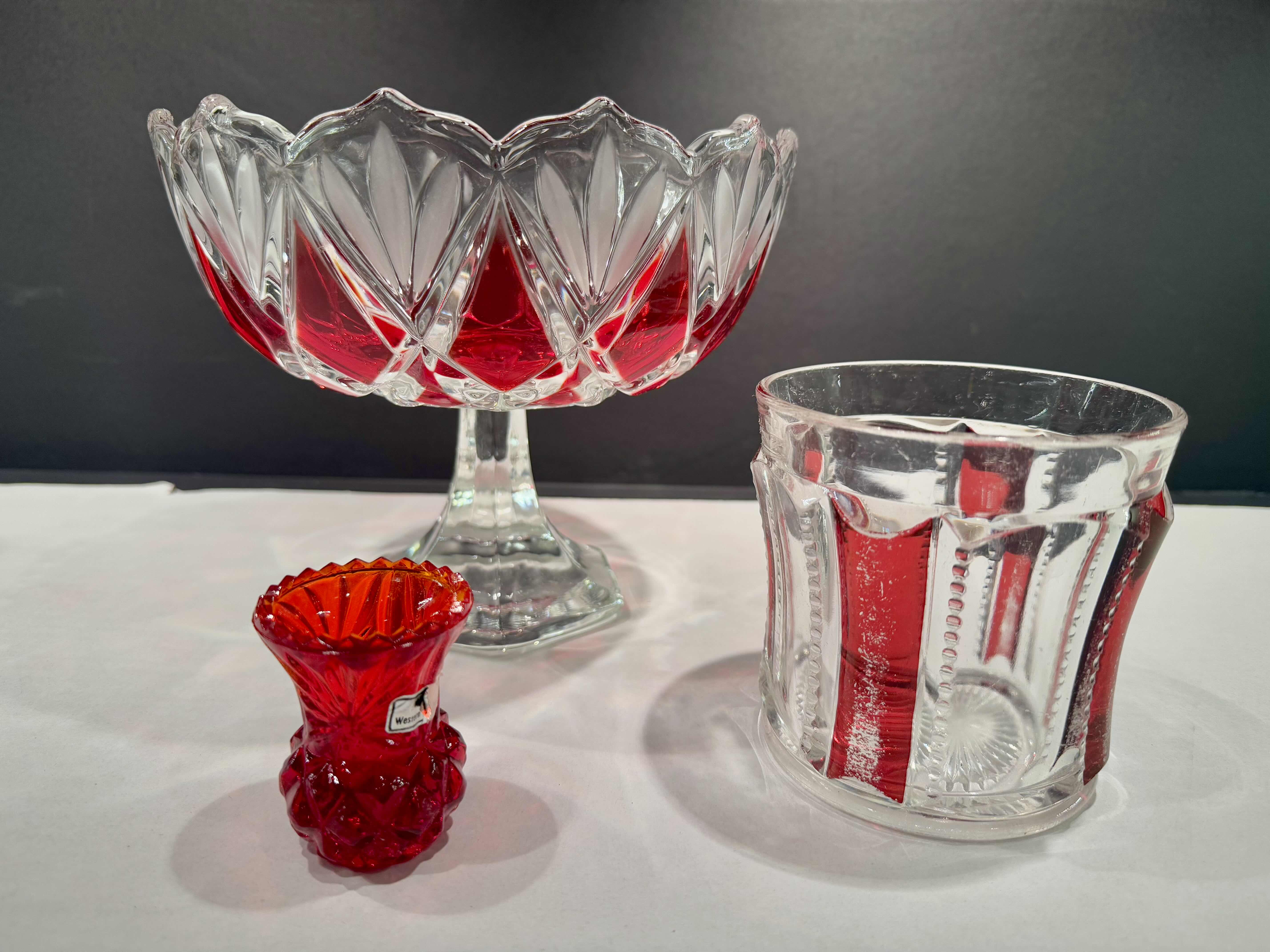 Photo 1 of 3 CRYSTAL & GLASS PIECES CELEBRATIONS BY MIKASA RUBY RED 8” FOOTED COMPOTE BOWL, VINTAGE AMBERLINA TOOTHPICK HOLDER