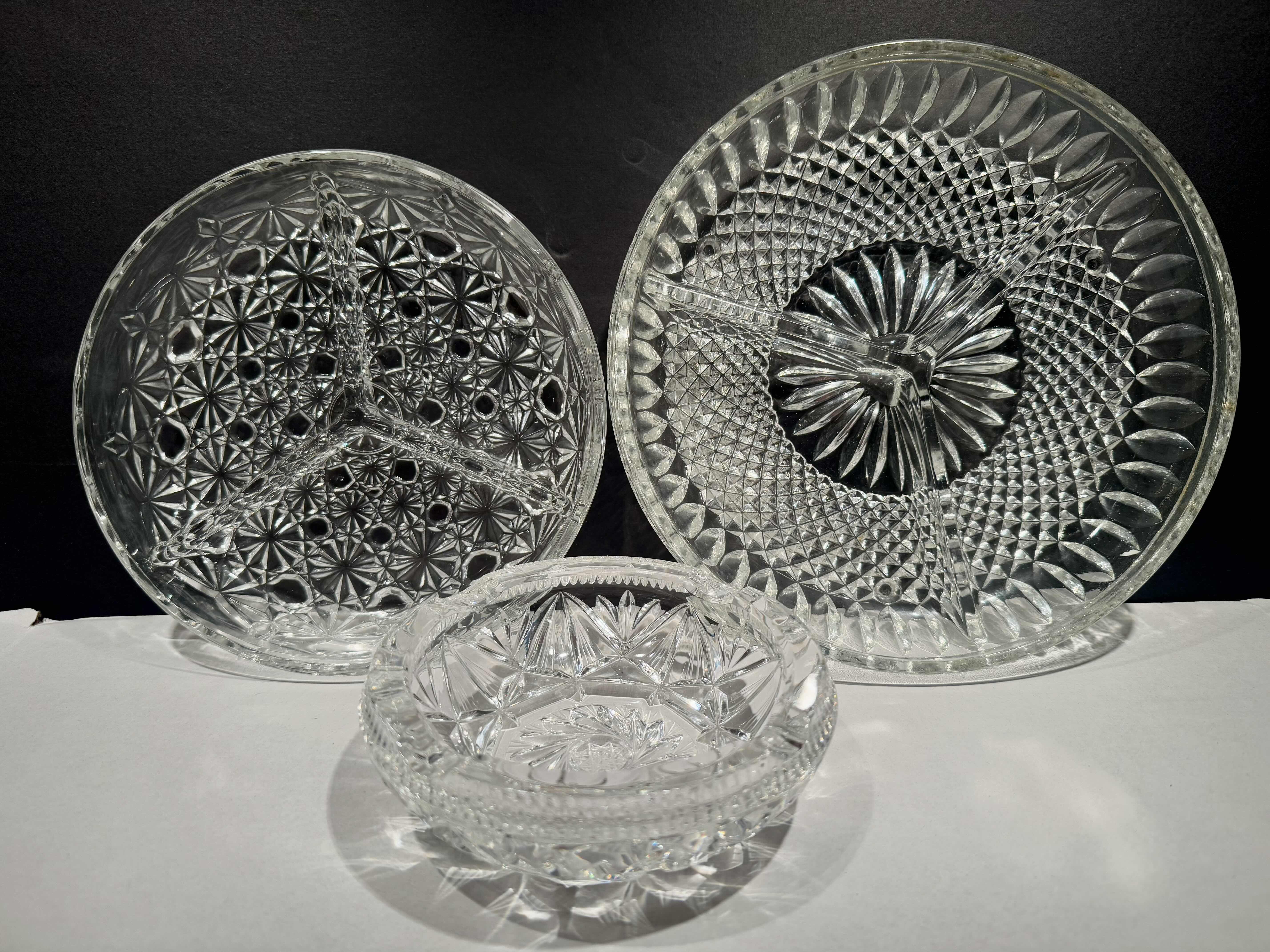 Photo 1 of 3 CRYSTAL PIECES. 1-9” DIVIDED SERVING DISH, 1- 7.5” DIVIDED SERVING DISH, 1- CRYSTAL ASHTRAY