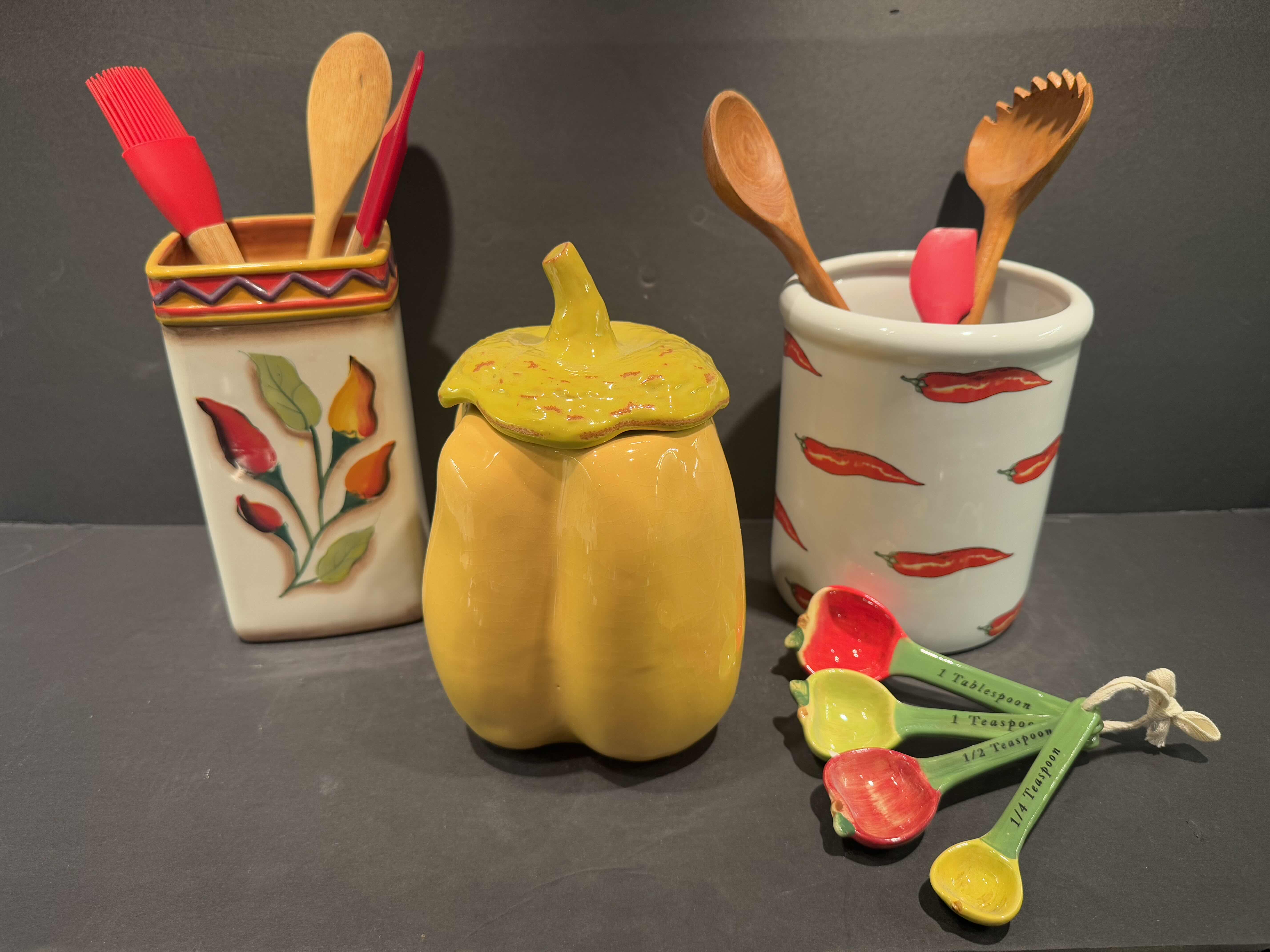 Photo 1 of 4 KITCHEN ESSENTIALS: 2-UTENSIL CROCKS, CERAMIC MEASURING SPOONS, PEPPER DESIGN LIDDED JAR 