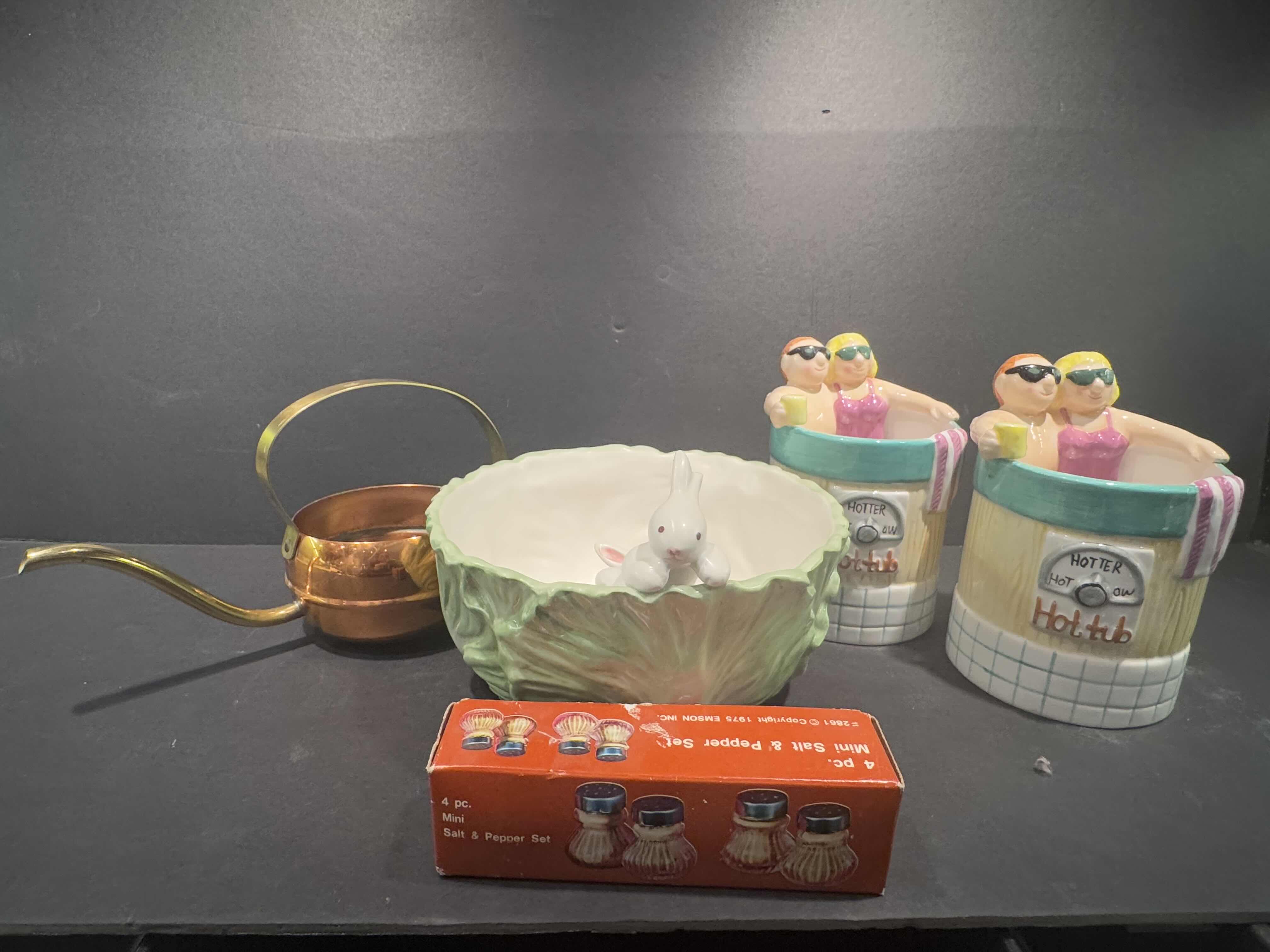 Photo 1 of 5 ASSORTED KITCHEN ESSENTIALS-
1) COPPER WATERING POT 1) CERAMIC BUNNY IN CABBAGE BOWL, SALT & PEPPER SHAKERS 2) HOT TUB MUGS