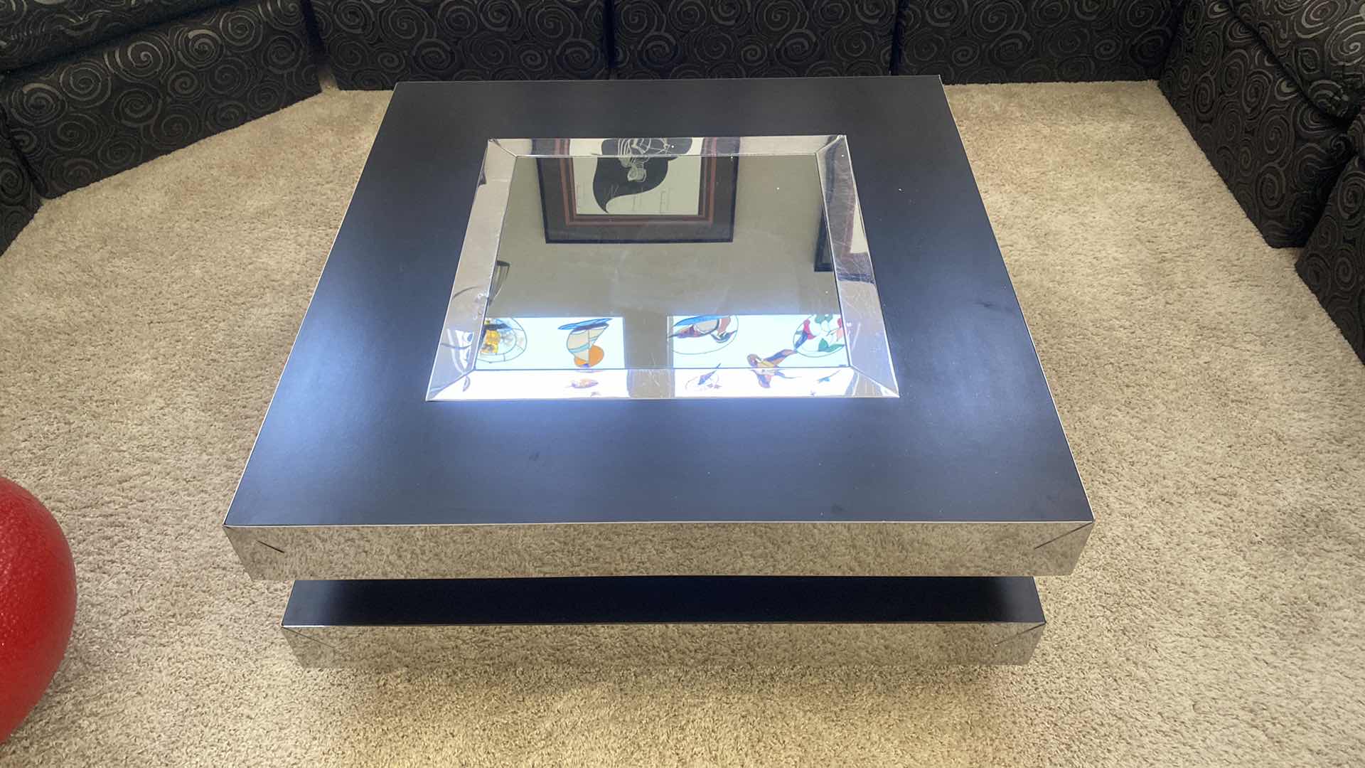 Photo 2 of SQUARE BLACK MIRROR AND CHROME COCKTAIL TABLE 36” x 36” x 15 3/4”