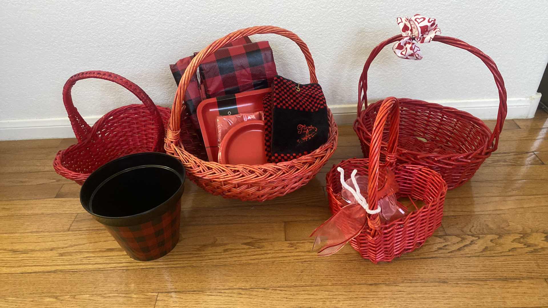 Photo 1 of RED BASKETS PARTY ITEMS AND PLASTIC POT