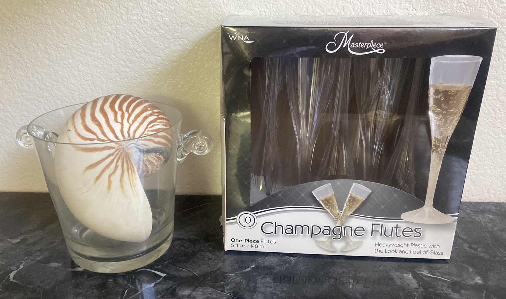 Photo 1 of GLASS ICE BUCKET WITH 1/2 SHELL AND PLASTIC CHAMPAGNE FLUTES