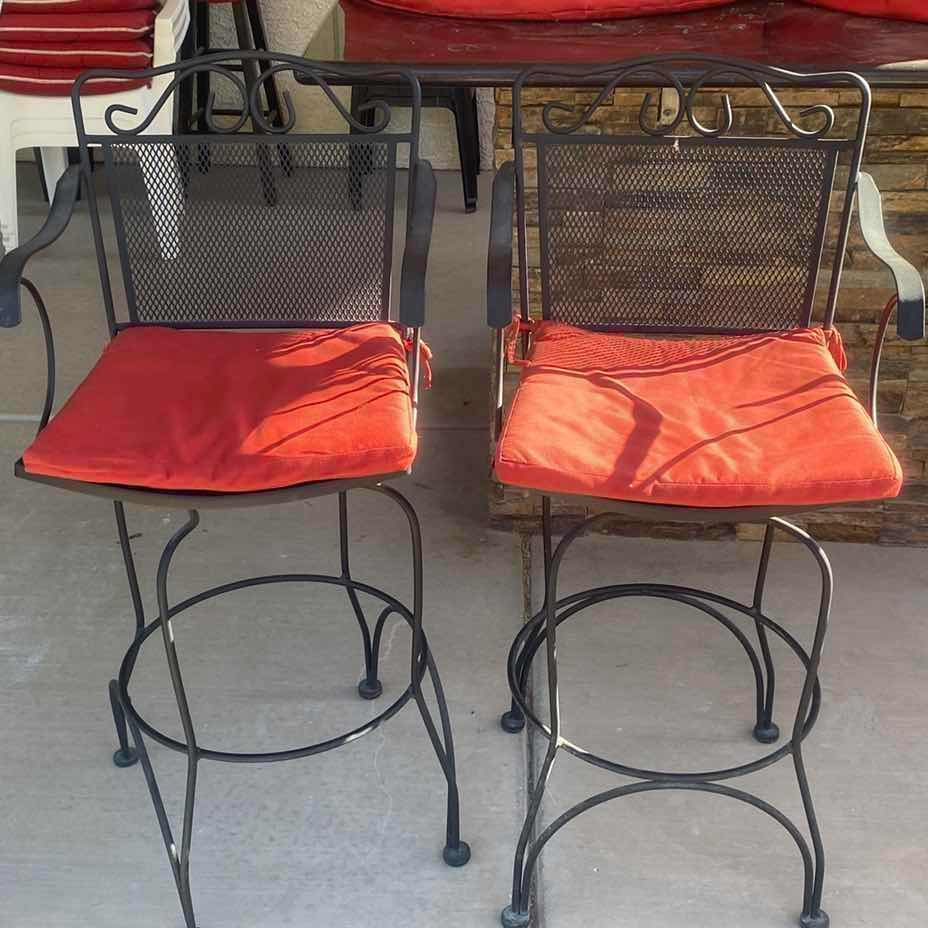 Photo 1 of PAIR OF SWIVEL MESH METAL BAR STOOLS WITH RED CUSHIONS SEAT HEIGHT 29”(2 SETS AVAILABLE EACH SOLD SEPARATELY)