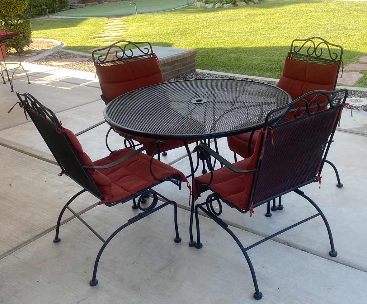 Photo 1 of BLACK MESH METAL 5 PIECE PATIO SET TABLE 44“ x 29 1/2“ & 4 CHAIRS WITH RED CUSHIONS