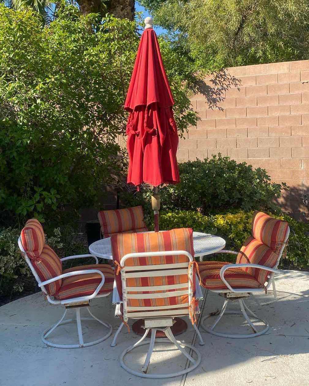 Photo 1 of MESH ALUMINUM 6 PIECE PATIO SET, TABLE 48” X 29” 4 CHAIRS WITH CUSHIONS AND UMBRELLA WITH HOLDER