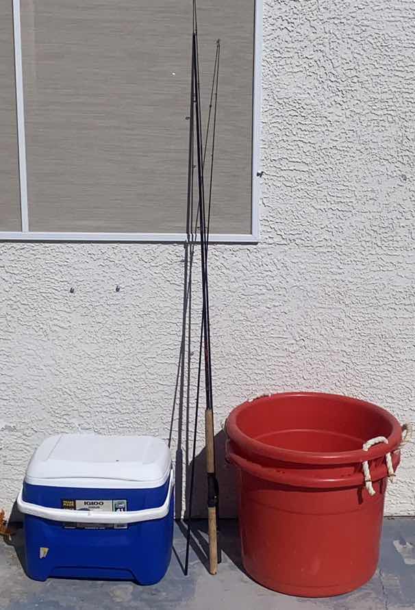 Photo 1 of IGLOO COOLER FISHING POLES AND 2 BEVERAGE BUCKETS