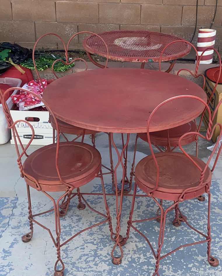 Photo 1 of PAIR OF RED PATIO TABLES LARGEST 3 1/2” x 29” & 4 CHAIRS