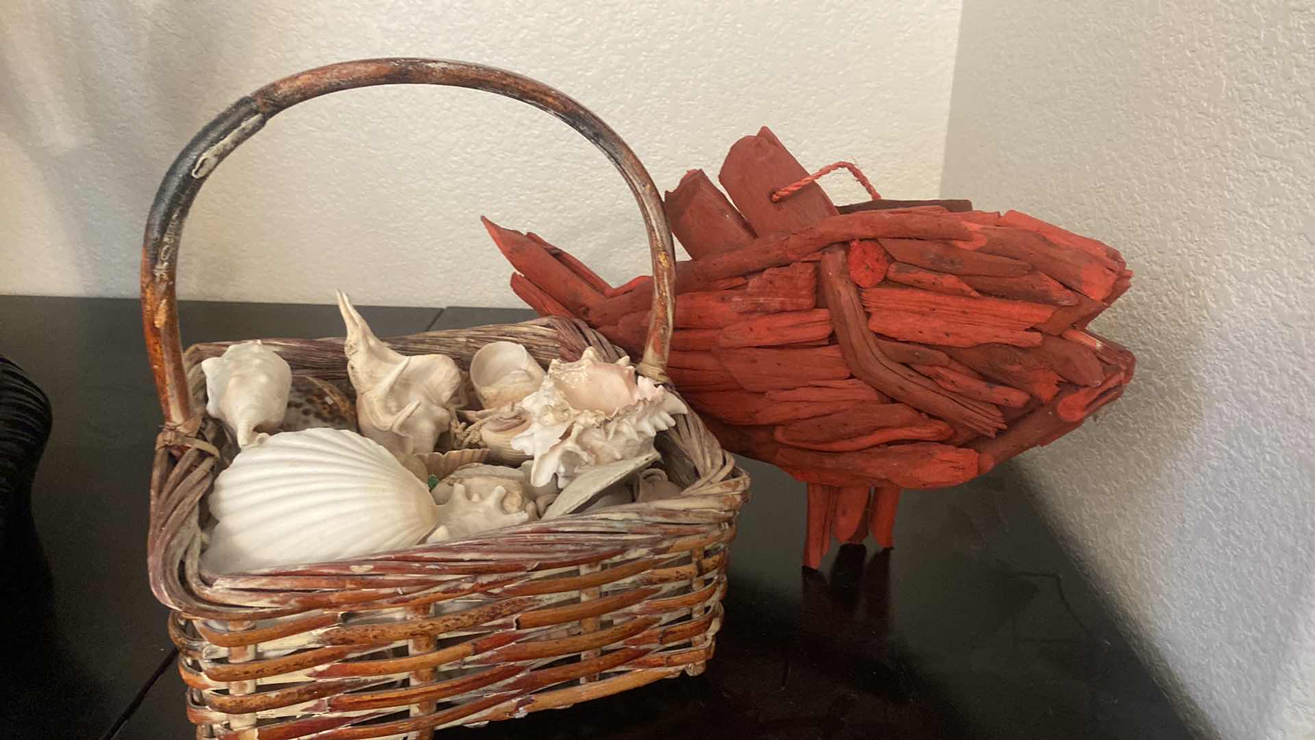 Photo 1 of WOOD FISH AND BASKET OF SHELLS