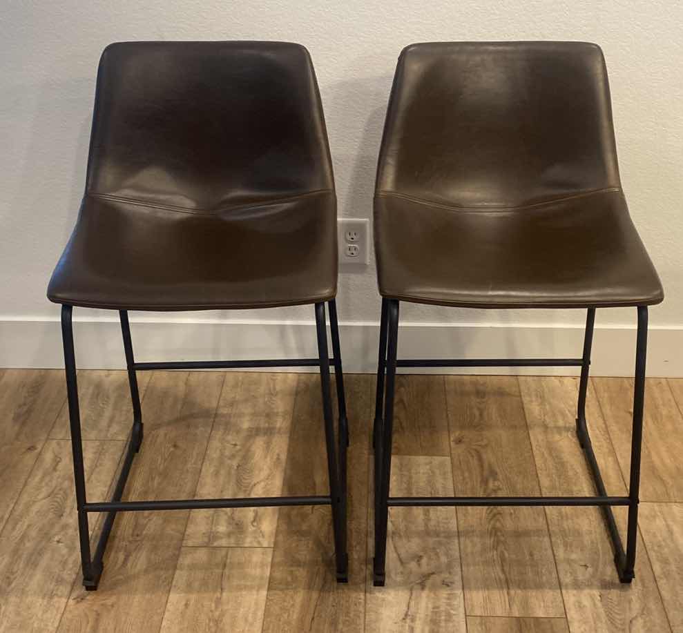 Photo 1 of WALKER EDISON BONDED BROWN LEATHER COUNTER HEIGHT BAR STOOLS SEAT HEIGHT 24”