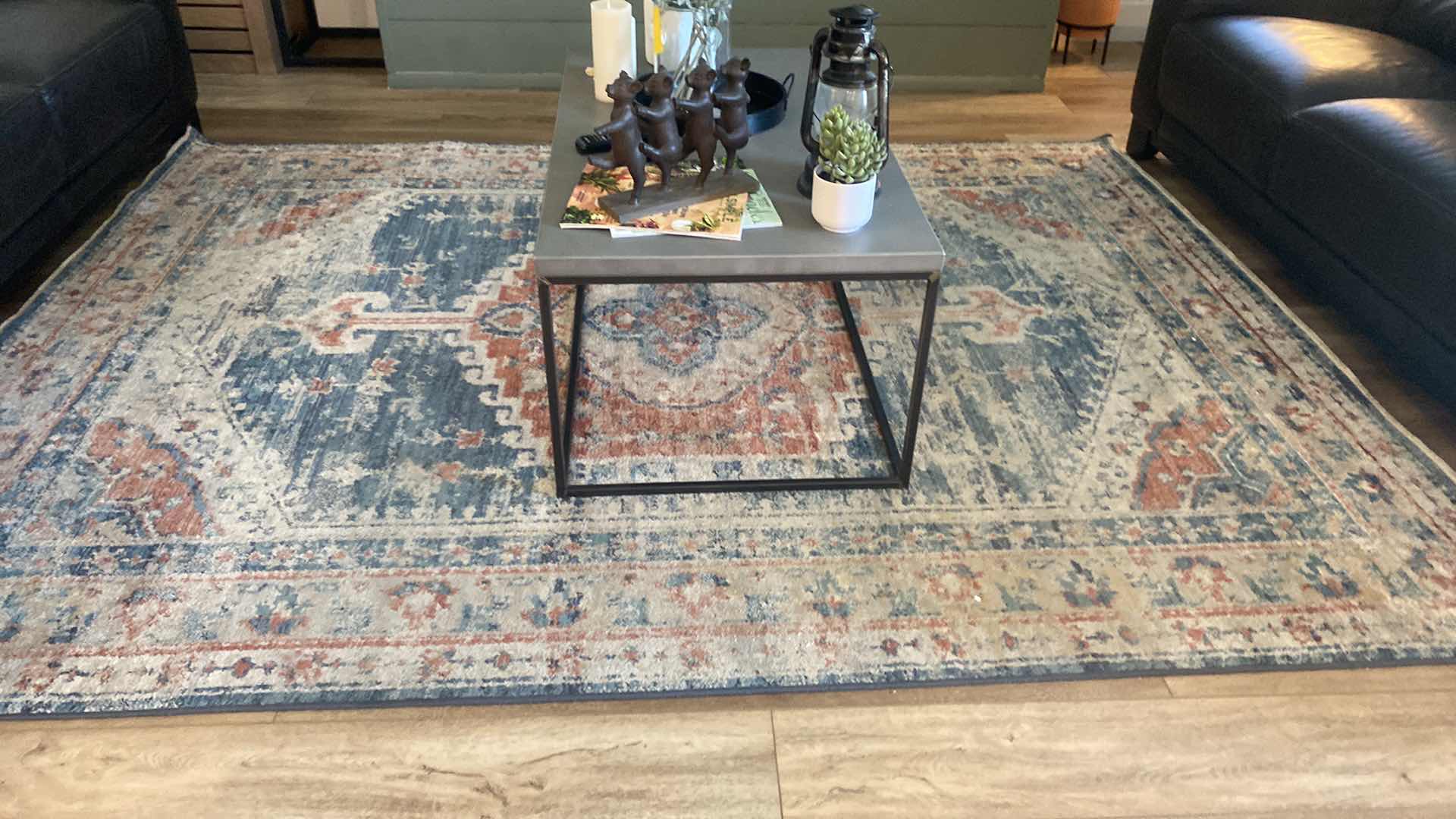 Photo 1 of DELICATE AREA RUG MADE IN TURKEY 6’ 7” X 9’ BLUE CREAMS AND ORANGES