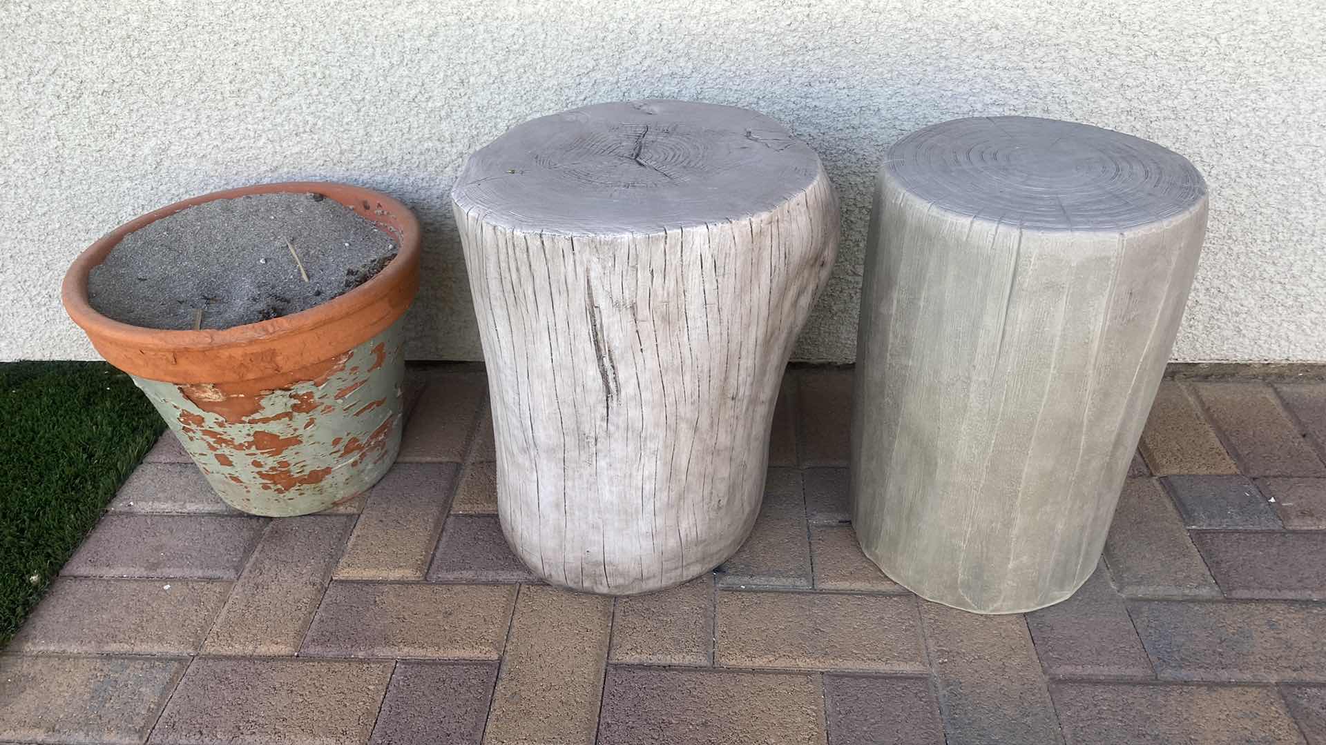 Photo 1 of FAUX WOOD STOOLS H 17” & CLAY POT