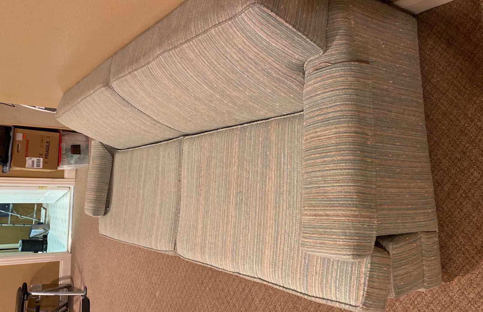 Photo 2 of 82” AQUA & TAN STRIPED FABRIC SOFA