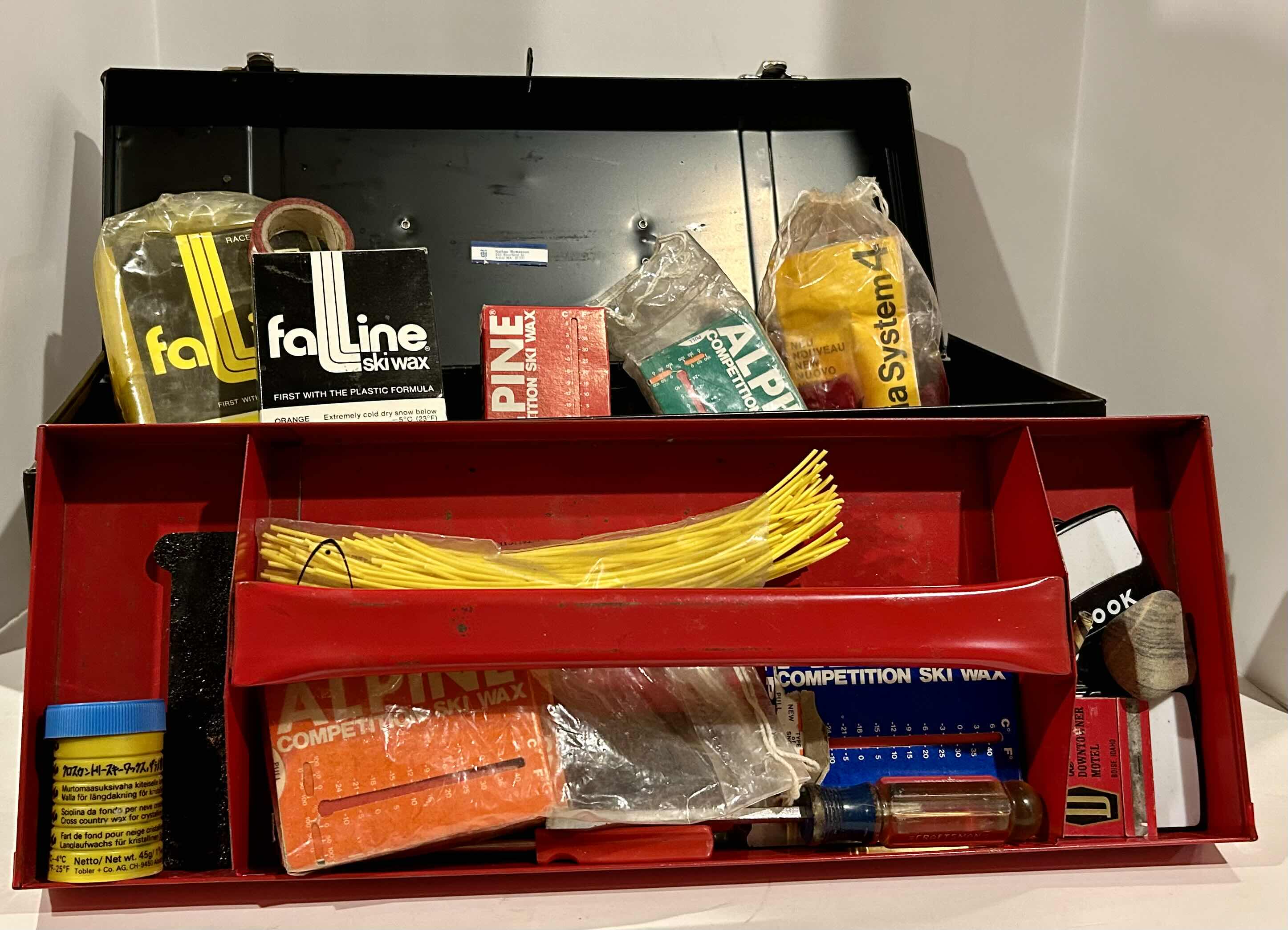 Photo 1 of METAL TOOL BOX FILLED WITH ALPINE COMPETITION SKIWAX AND FALLLINE SKIWAX, TOOLS AND SUPPLIES