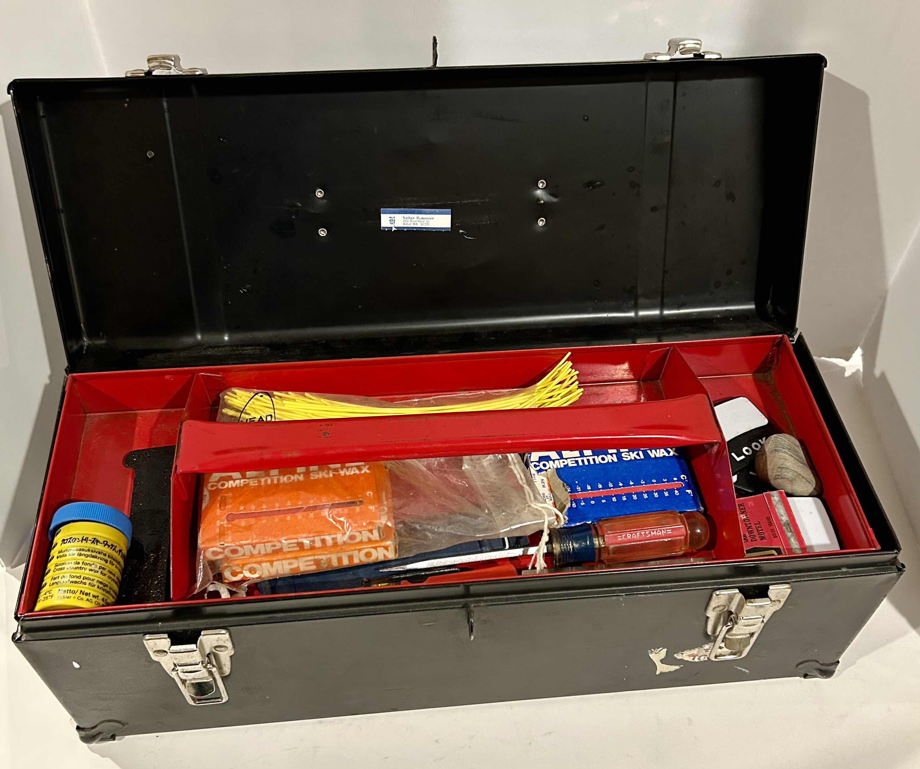 Photo 2 of METAL TOOL BOX FILLED WITH ALPINE COMPETITION SKIWAX AND FALLLINE SKIWAX, TOOLS AND SUPPLIES