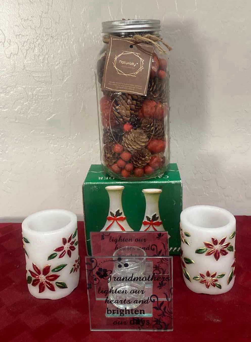 Photo 1 of 5-HOLIDAY CANDLES & HOLDERS PINECONES IN JAR