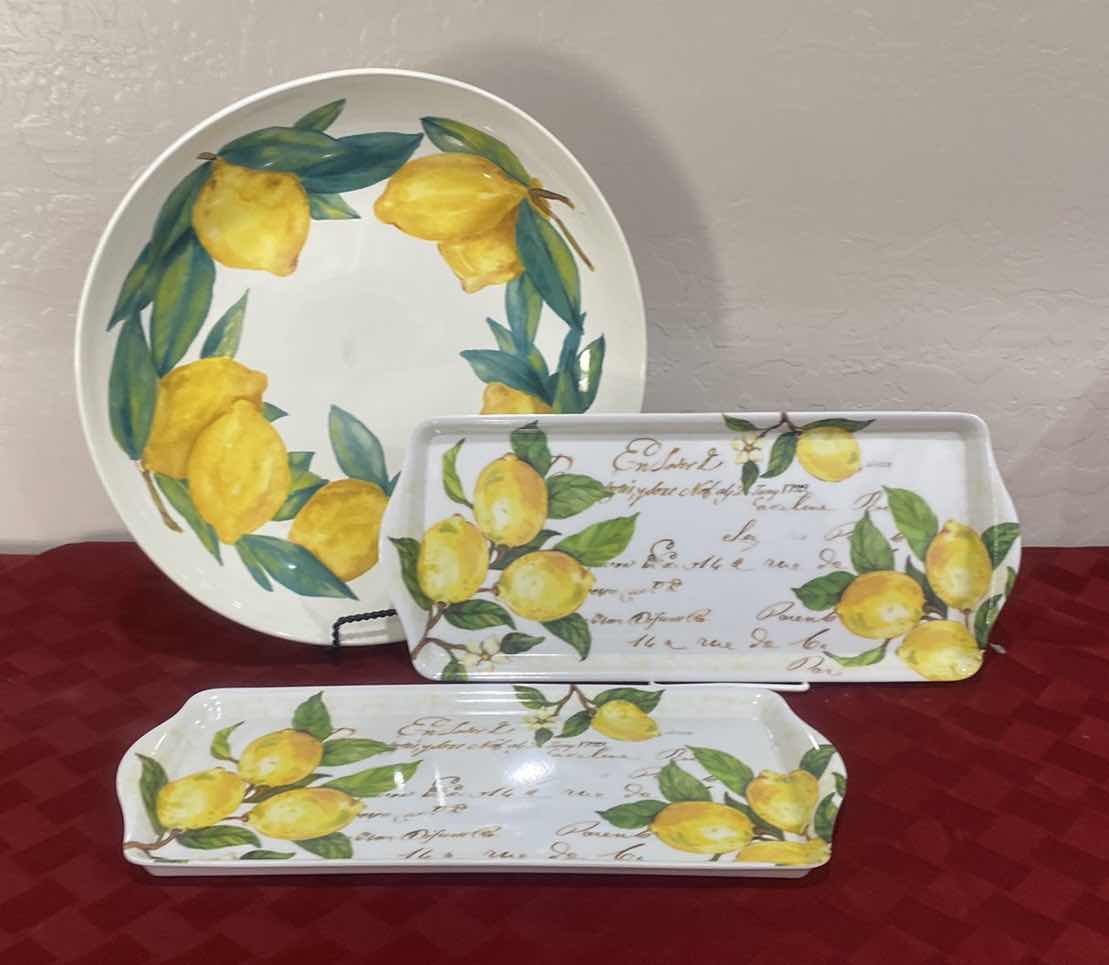 Photo 1 of 3-LEMON KITCHEN DECOR NOI CERAMIC BOWL 13 1/2” & 2 PLASTIC TRAYS