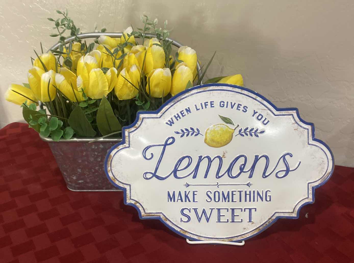 Photo 1 of TULIPS FAUX FLORAL 13” x 12” & LEMONS ALUMINUM SIGN 14 1/2“x 10 3/4”