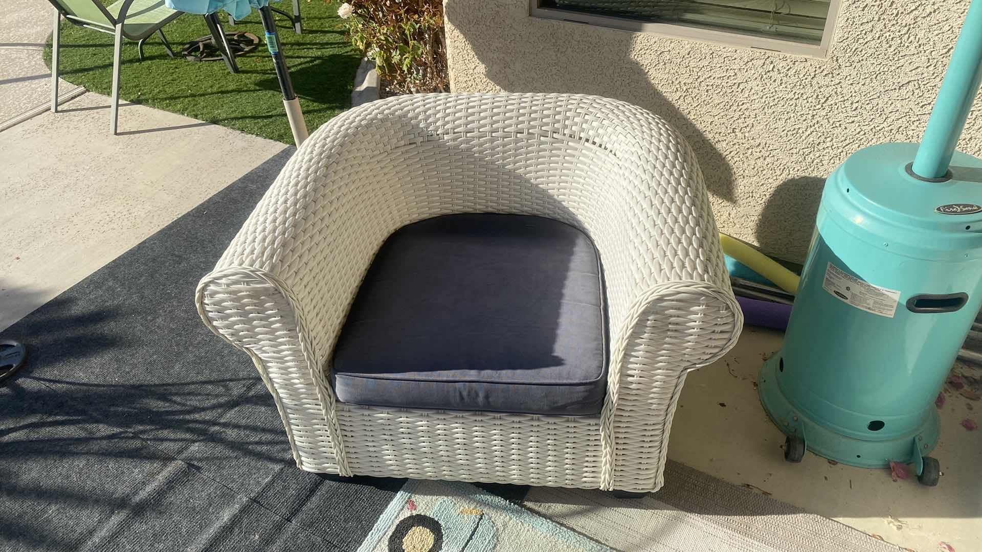 Photo 2 of PLASTIC WICKER PATIO CHAIR WITH FADED BLACK CUSHION 42“ x 33“ H 29” (2 available each sold separately)