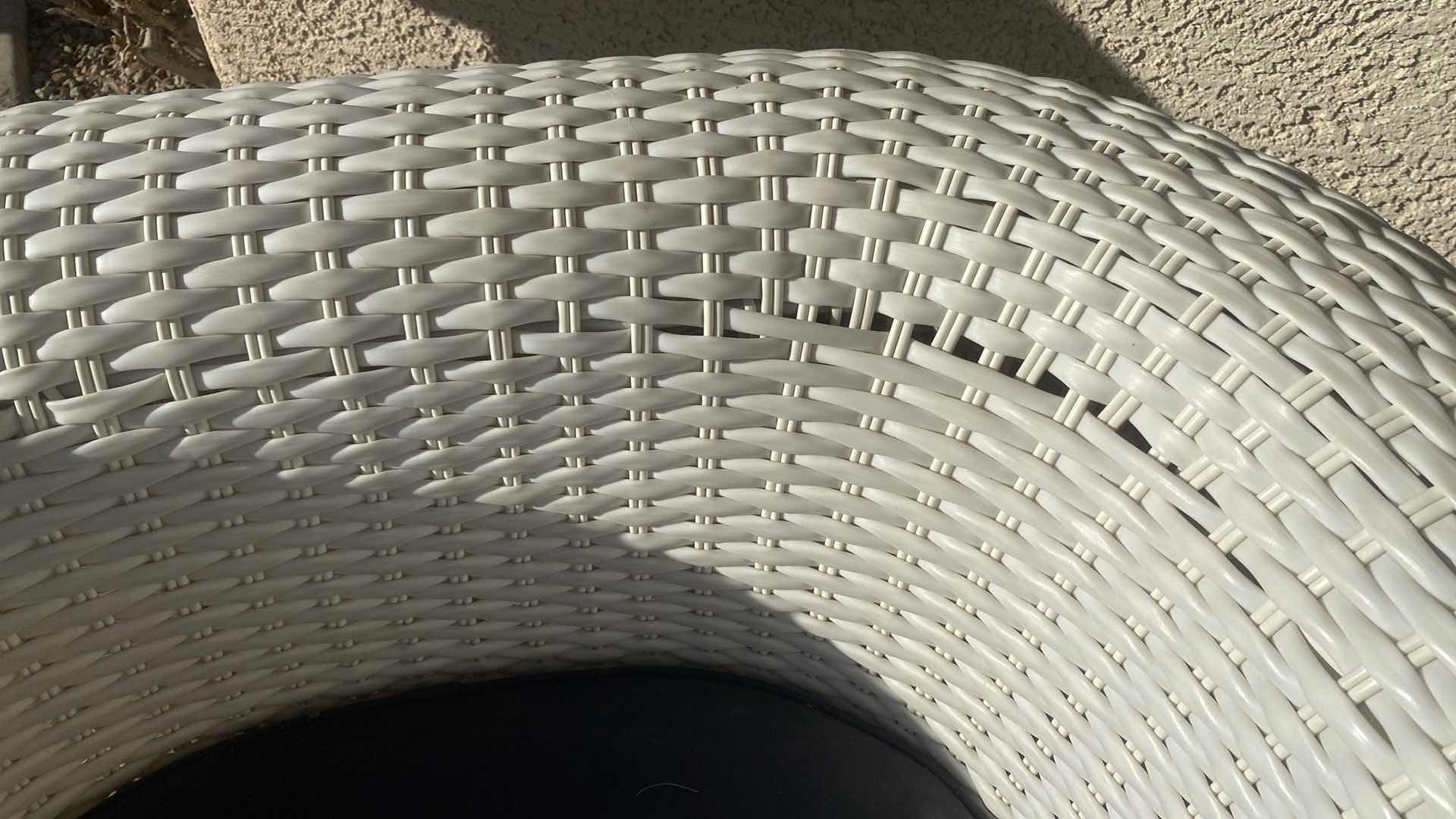 Photo 3 of PLASTIC WICKER PATIO CHAIR WITH FADED BLACK CUSHION 42“ x 33“ H 29” (2 available each sold separately)