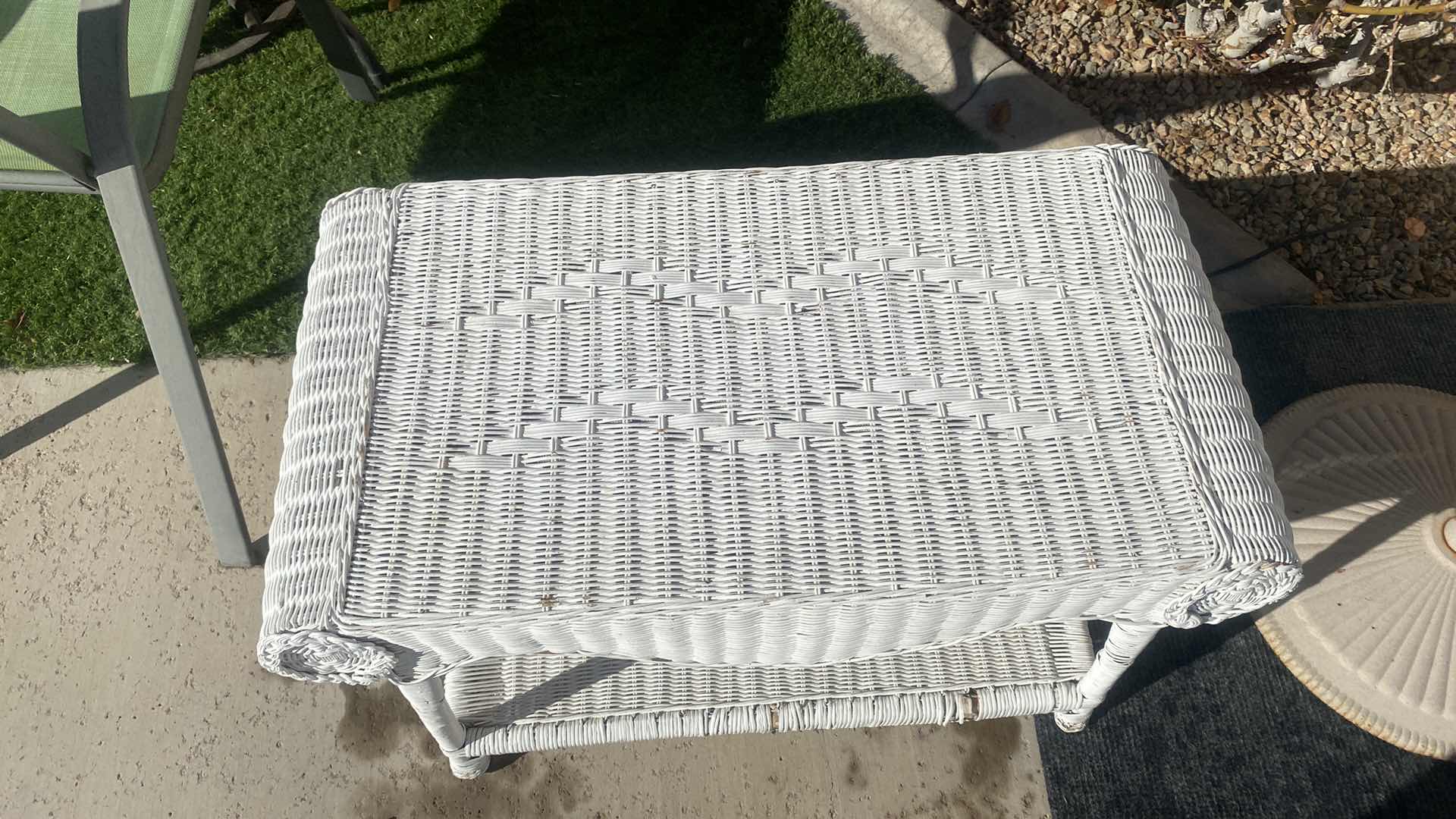 Photo 2 of WHITE PAINTED WICKER BENCH 34“ x 18“  H 18”