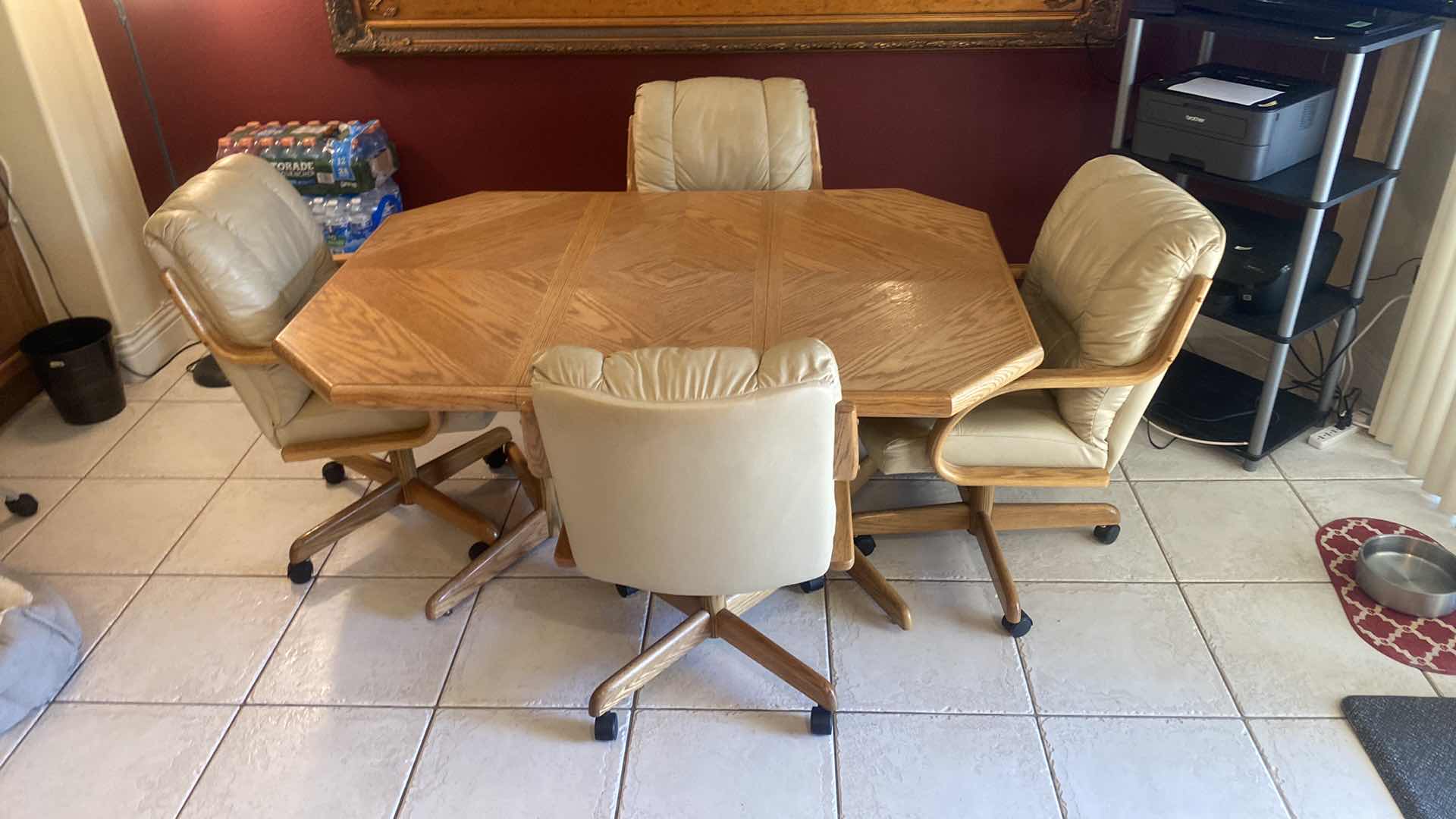 Photo 2 of OAK KITCHEN TABLE WITHOUT LEAF 41 1/2” x 41 1/2” H 30” LEAF 17 1/2” WITH 4 BEIGE LEATHER CHAIRS WITH WHEELS