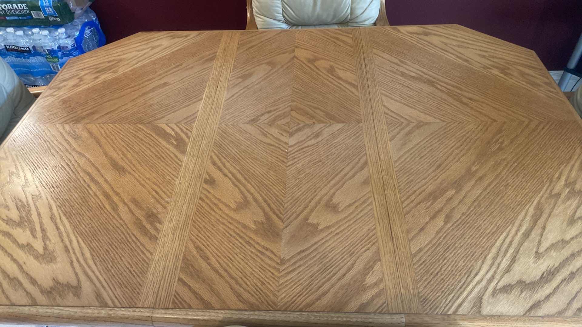 Photo 3 of OAK KITCHEN TABLE WITHOUT LEAF 41 1/2” x 41 1/2” H 30” LEAF 17 1/2” WITH 4 BEIGE LEATHER CHAIRS WITH WHEELS