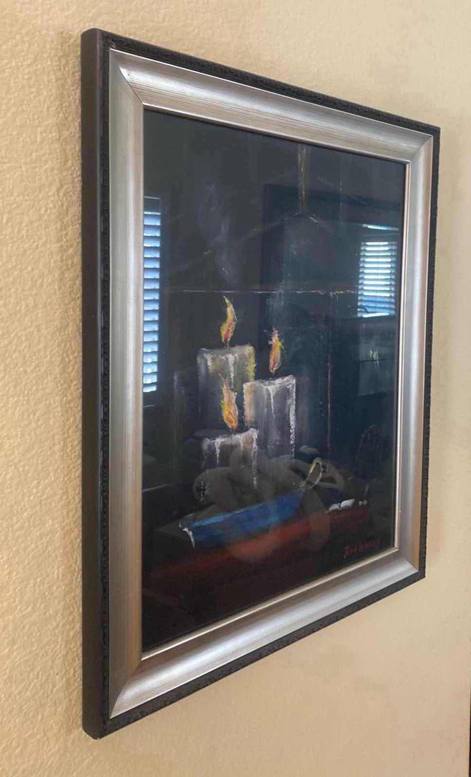 Photo 1 of FRAMED CANVAS WITH GLASS CANDLES SIGNED BY ARTIST 19 1/2” x 23 1/2”