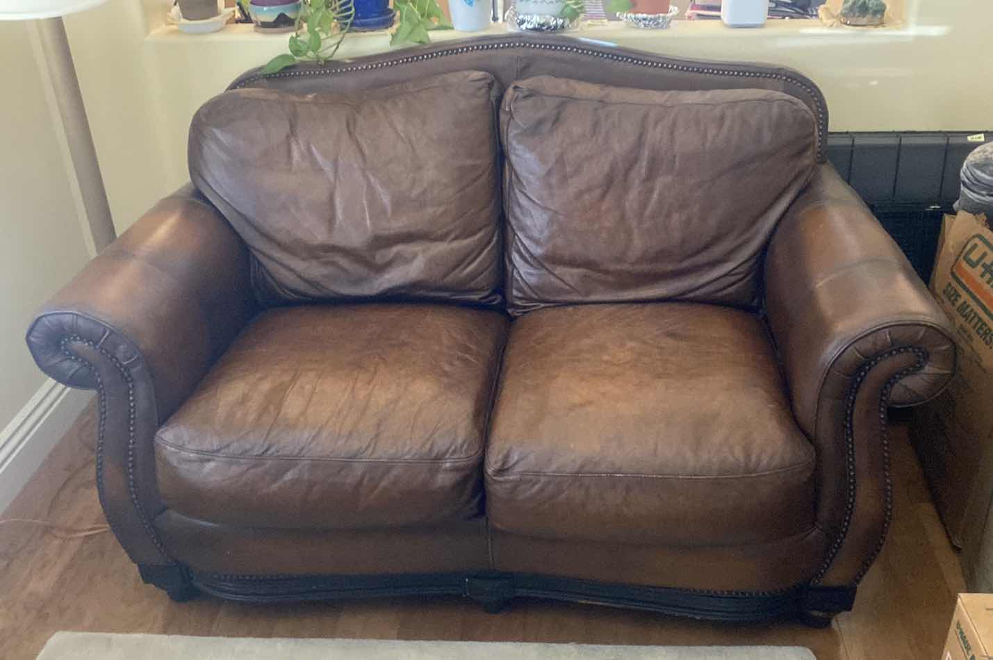 Photo 1 of 67” LEATHER MART BROWN WITH ROLLED ARMS & NAILHEAD TRIM LOVESEAT