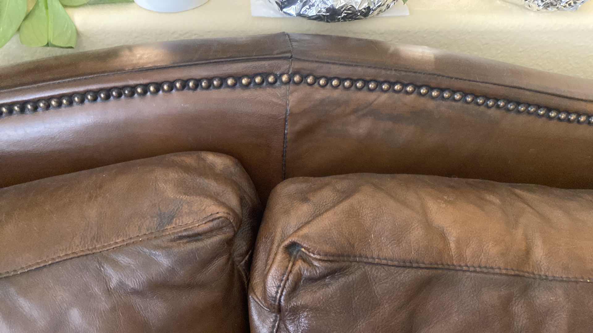 Photo 9 of 67” LEATHER MART BROWN WITH ROLLED ARMS & NAILHEAD TRIM LOVESEAT