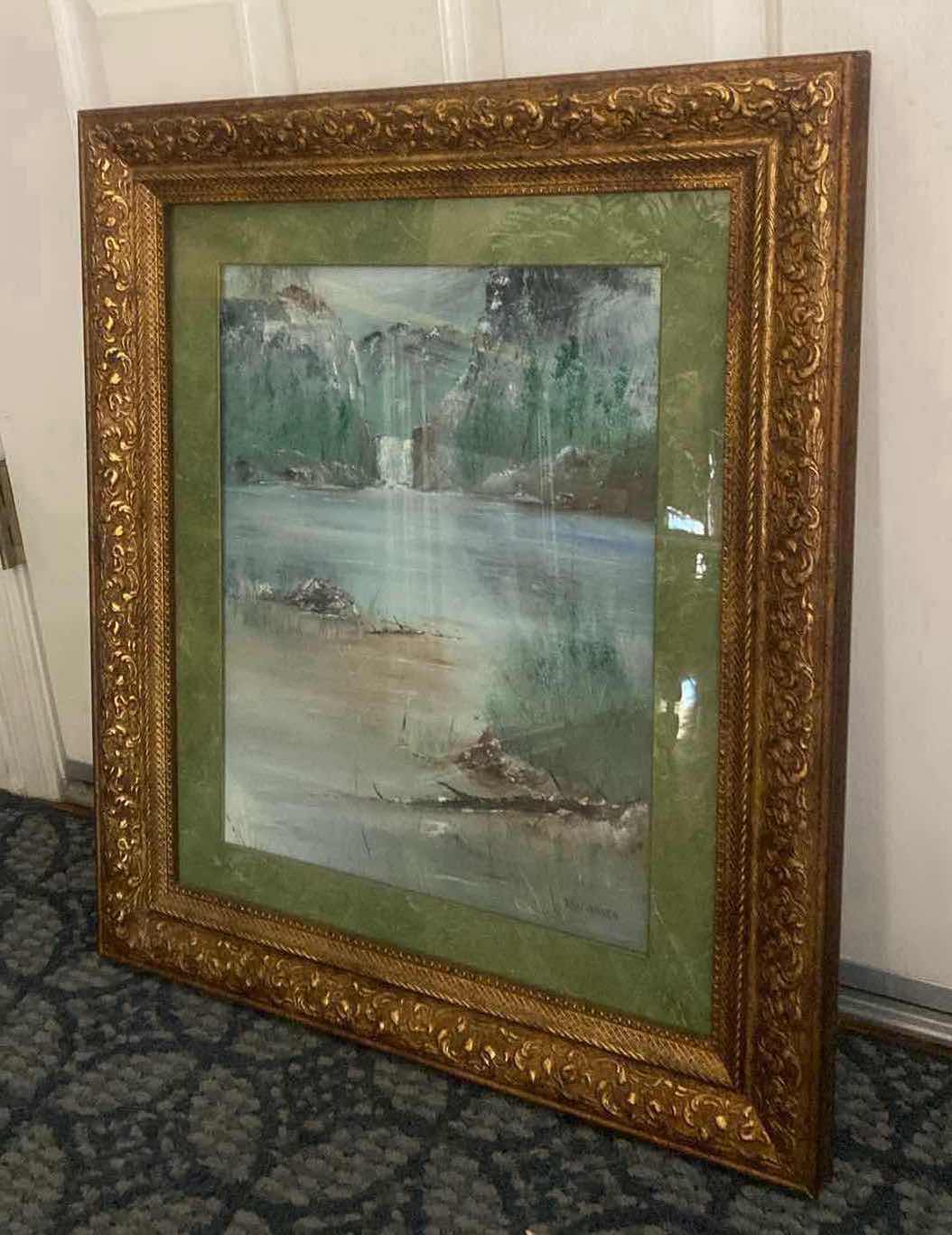 Photo 1 of ORNATE FRAMED WINTER SCENE PAINTING ON CANVAS WITH GLASS SIGNED ARTWORK 23 1/2” x 27 1/2”