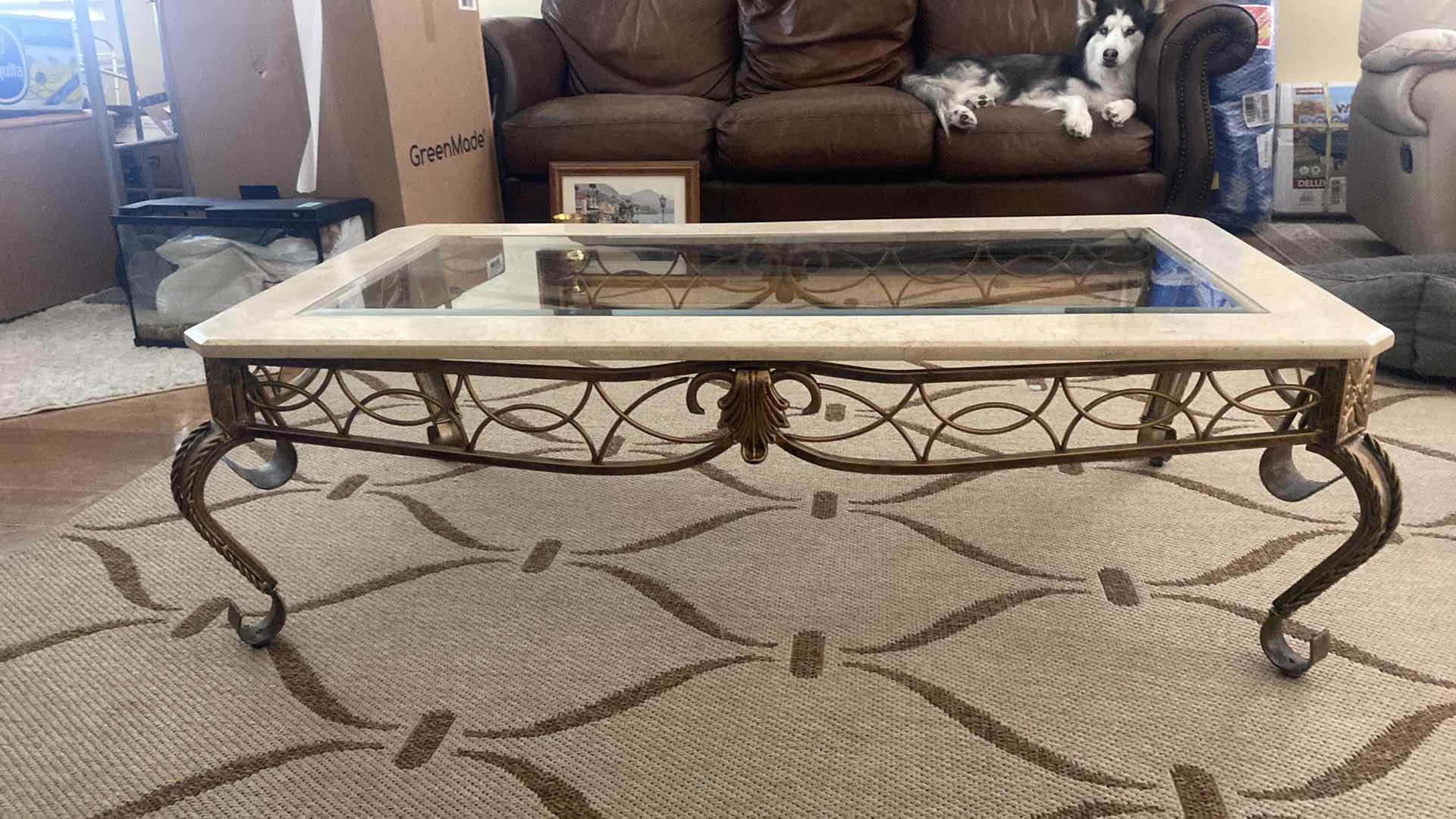 Photo 2 of MARBLE & IRON COFFEE TABLE WITH BEVELED GLASS TOP 50“ x 26“ H 16”