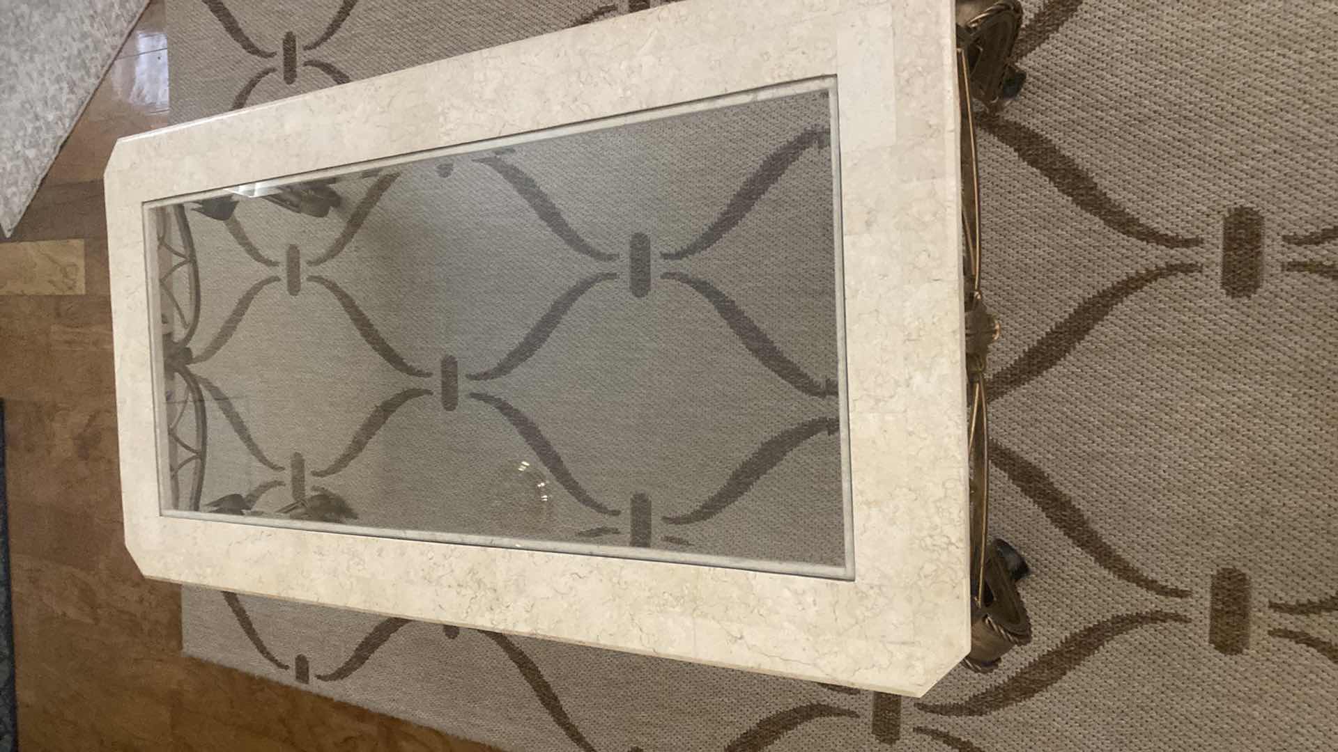 Photo 4 of MARBLE & IRON COFFEE TABLE WITH BEVELED GLASS TOP 50“ x 26“ H 16”