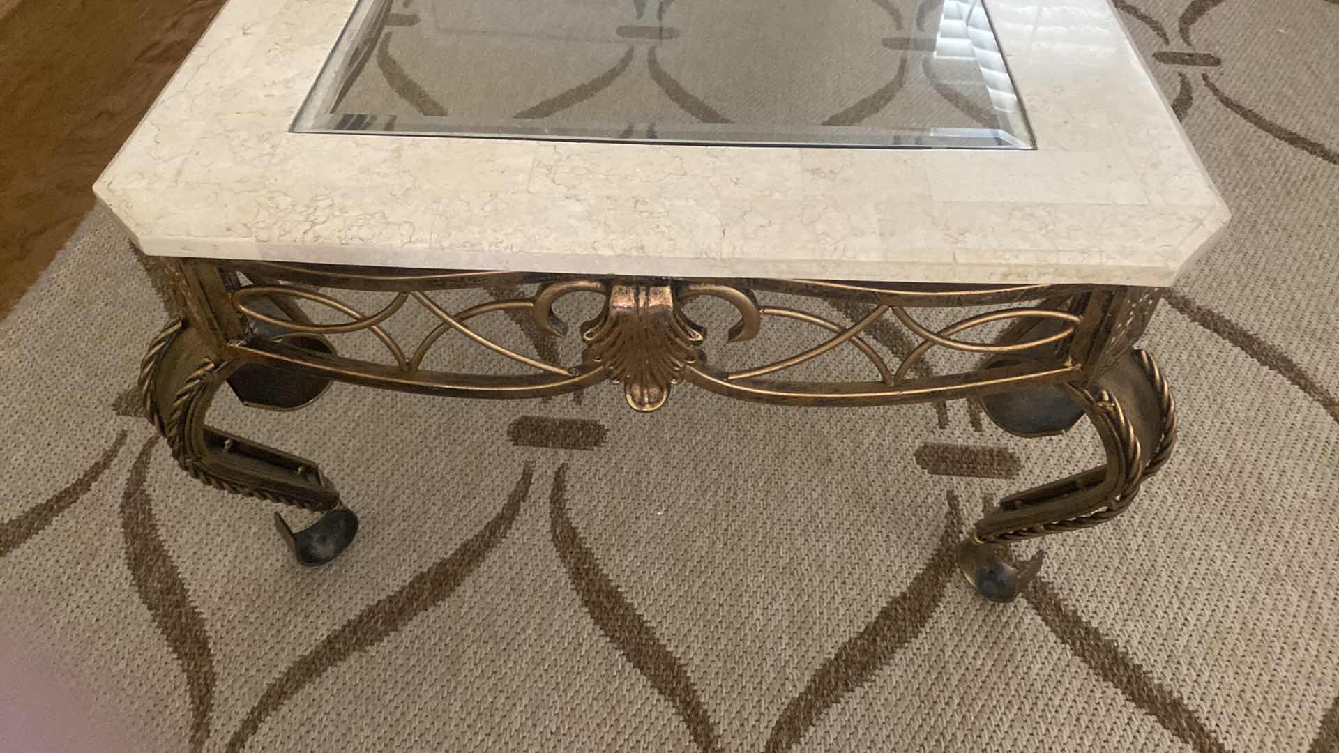 Photo 3 of MARBLE & IRON COFFEE TABLE WITH BEVELED GLASS TOP 50“ x 26“ H 16”