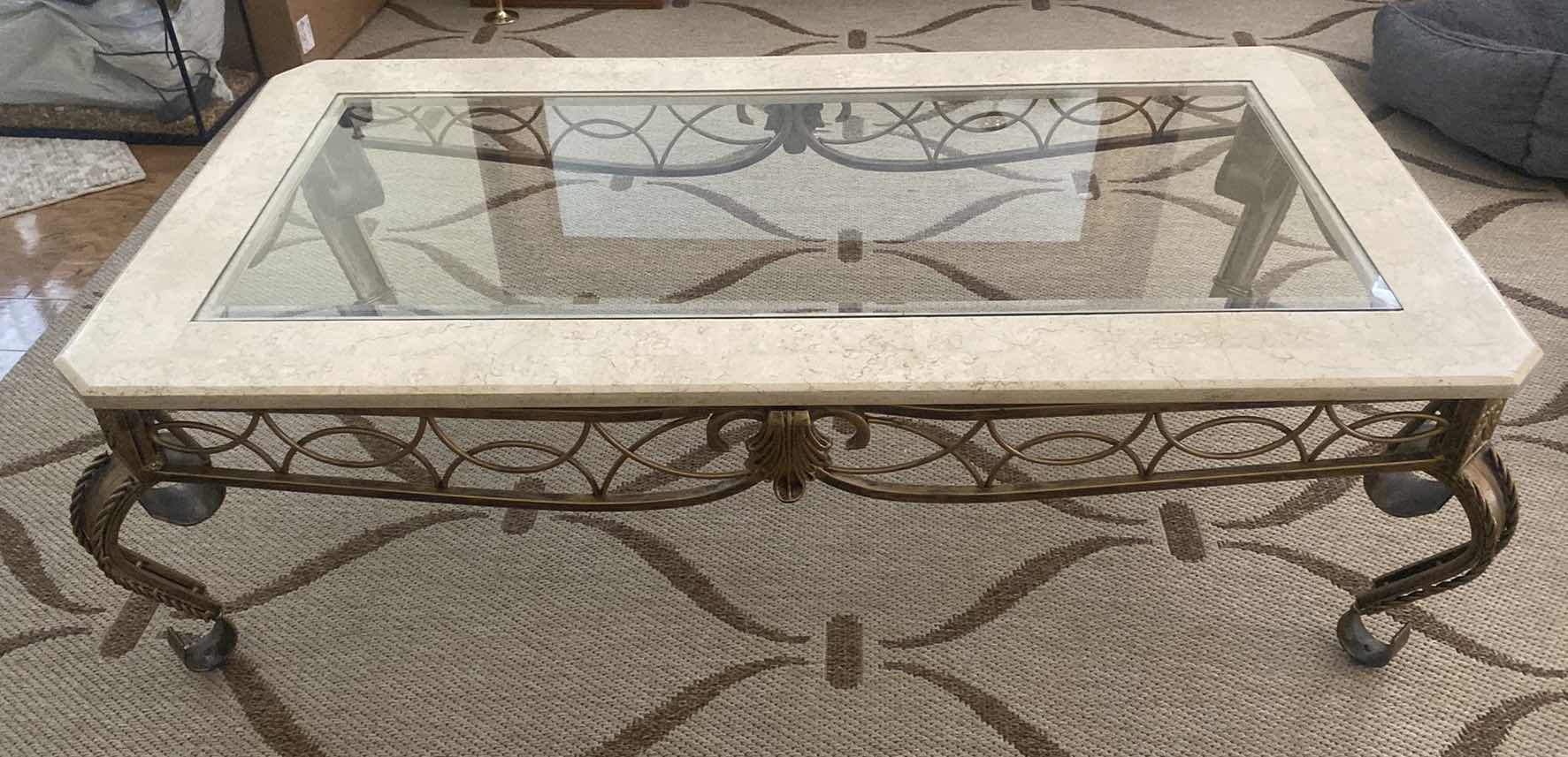 Photo 1 of MARBLE & IRON COFFEE TABLE WITH BEVELED GLASS TOP 50“ x 26“ H 16”