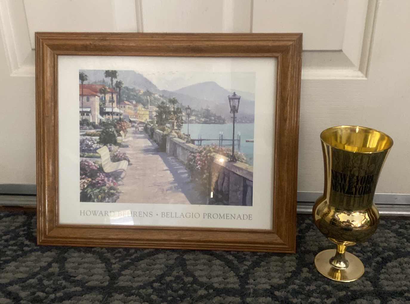 Photo 1 of OAK FRAMED BEHRENS BELLAGIO PROMENADE ARTWORK 16 1/2” x 14” & GOLD NEW YORK NEW YORK GLASS CASINO SOUVENIRS