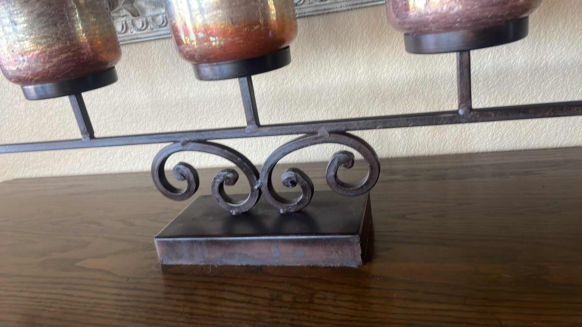 Photo 4 of FIVE GLASS CANDLE HOLDERS ON CAST IRON STAND 41” x 13”