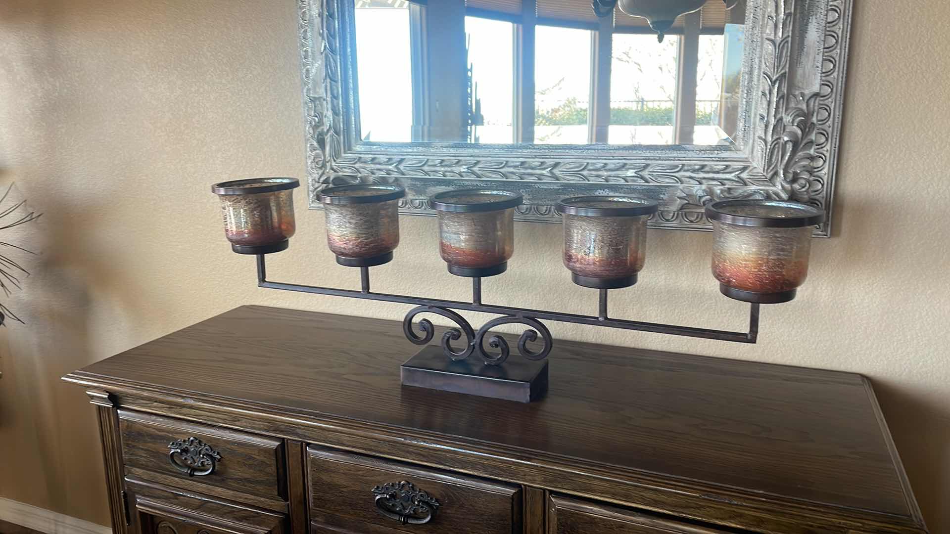 Photo 2 of FIVE GLASS CANDLE HOLDERS ON CAST IRON STAND 41” x 13”