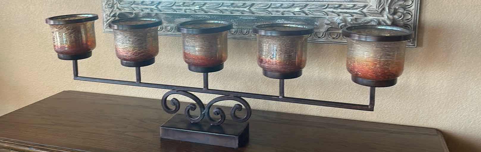 Photo 1 of FIVE GLASS CANDLE HOLDERS ON CAST IRON STAND 41” x 13”