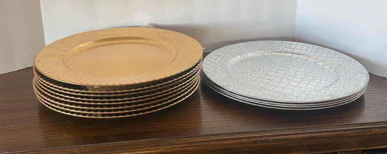 Photo 1 of 12-CHARGER PLATES, 4 SILVER  AND 8 GOLD  13”