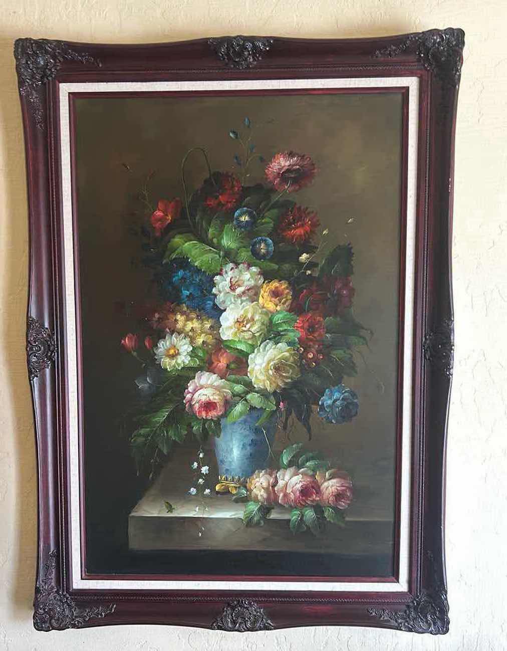 Photo 1 of ORNATE WOOD FRAMED FLORAL OIL ON CANVAS ARTWORK 30” X 42.5”.