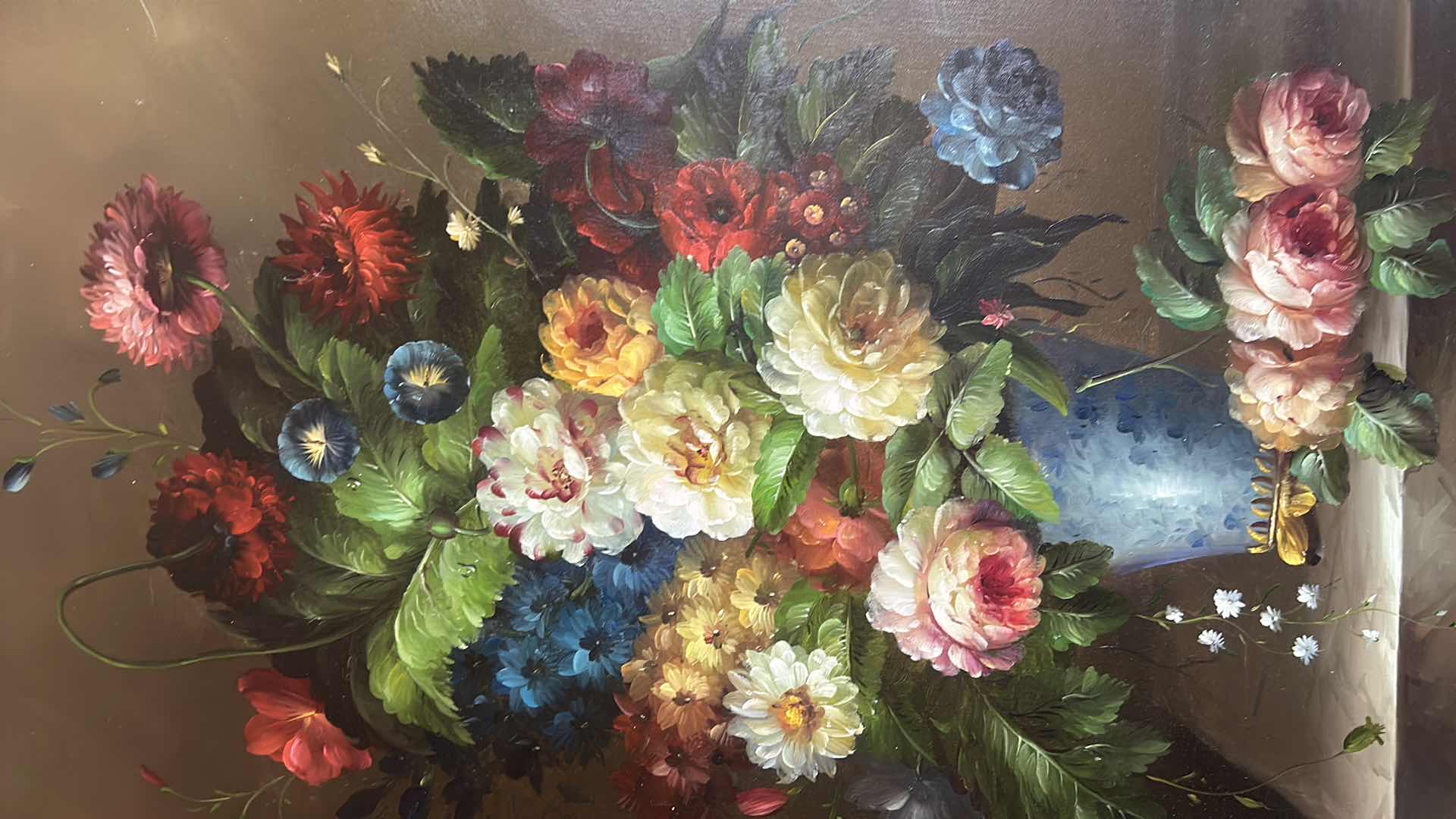 Photo 2 of ORNATE WOOD FRAMED FLORAL OIL ON CANVAS ARTWORK 30” X 42.5”.