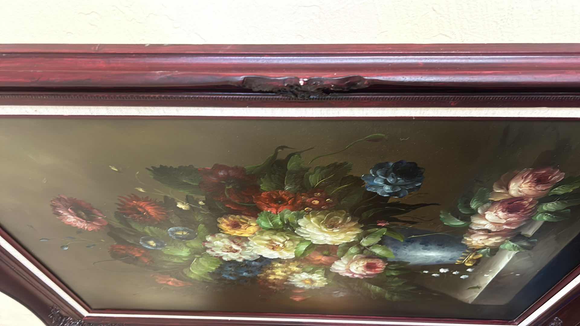 Photo 4 of ORNATE WOOD FRAMED FLORAL OIL ON CANVAS ARTWORK 30” X 42.5”.